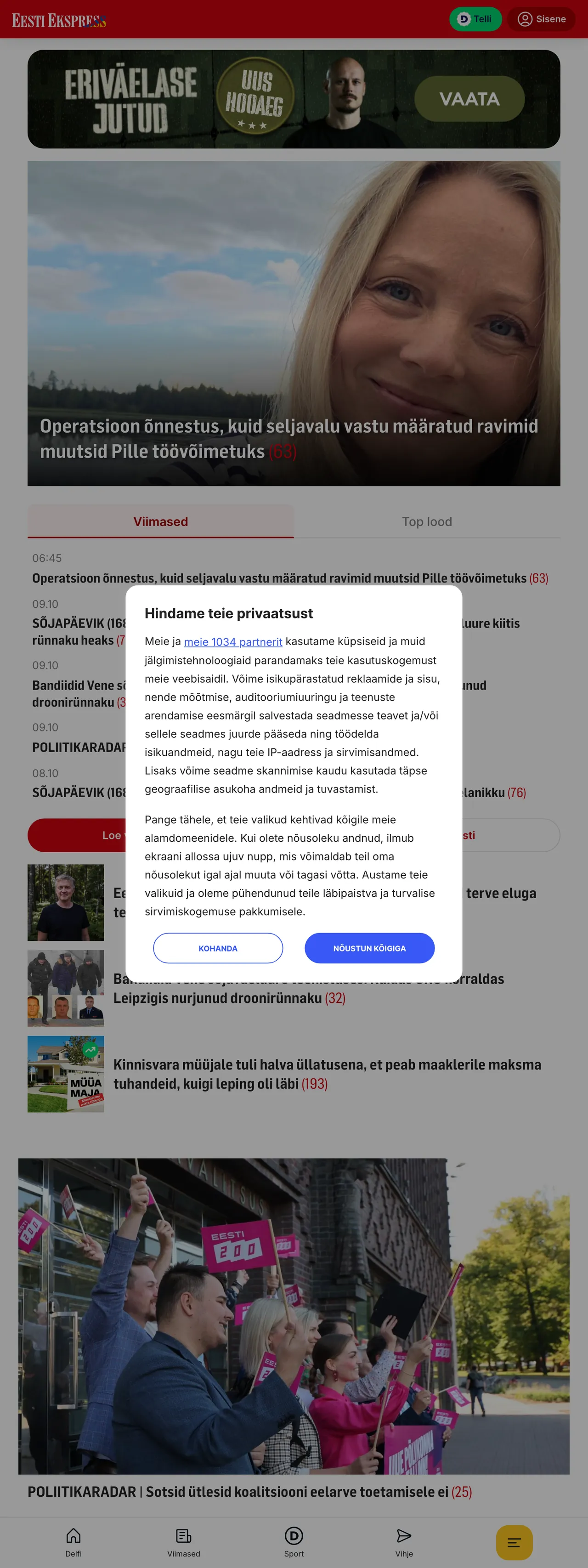 Screenshot of the Eesti Ekspress front page