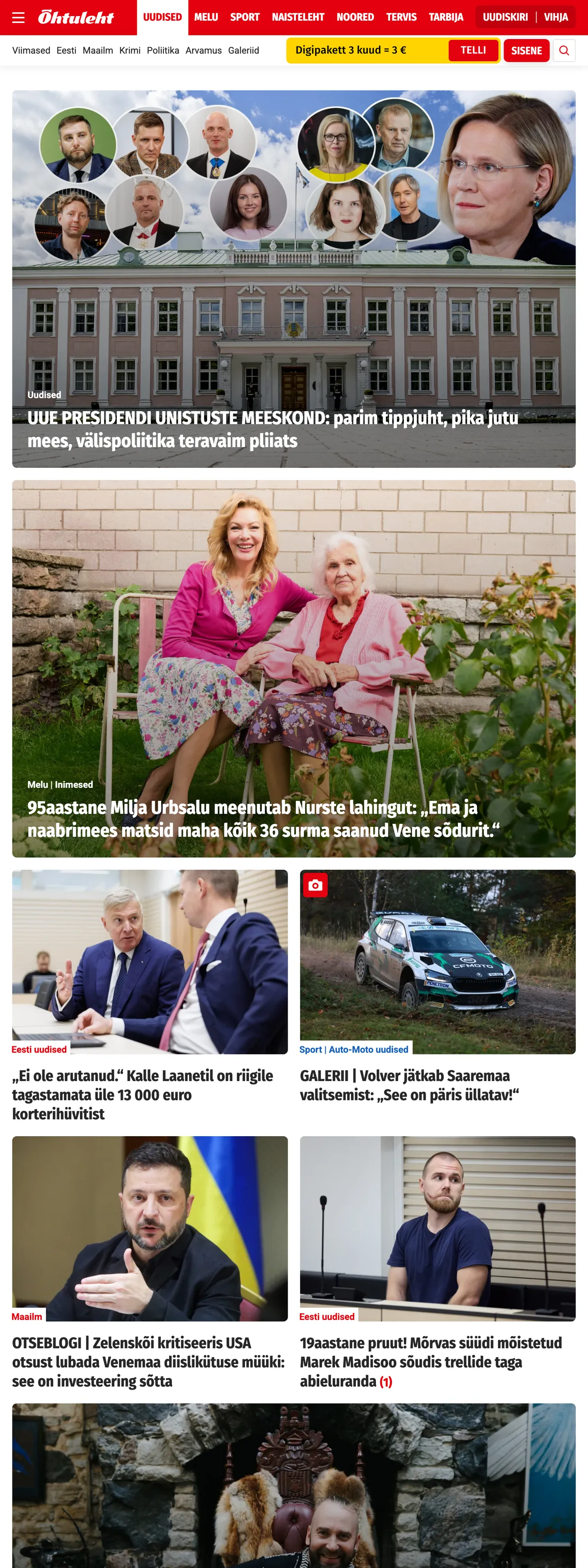 Screenshot of the Õhtuleht front page