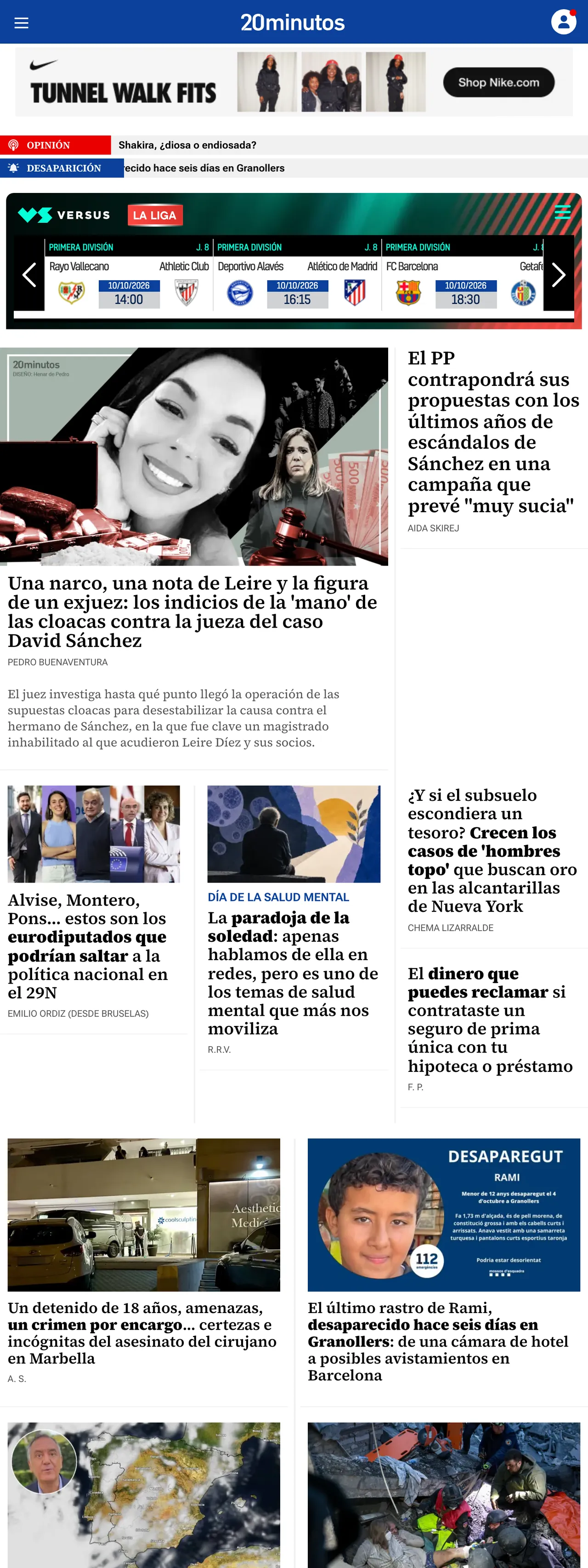 Screenshot of the 20minutos front page