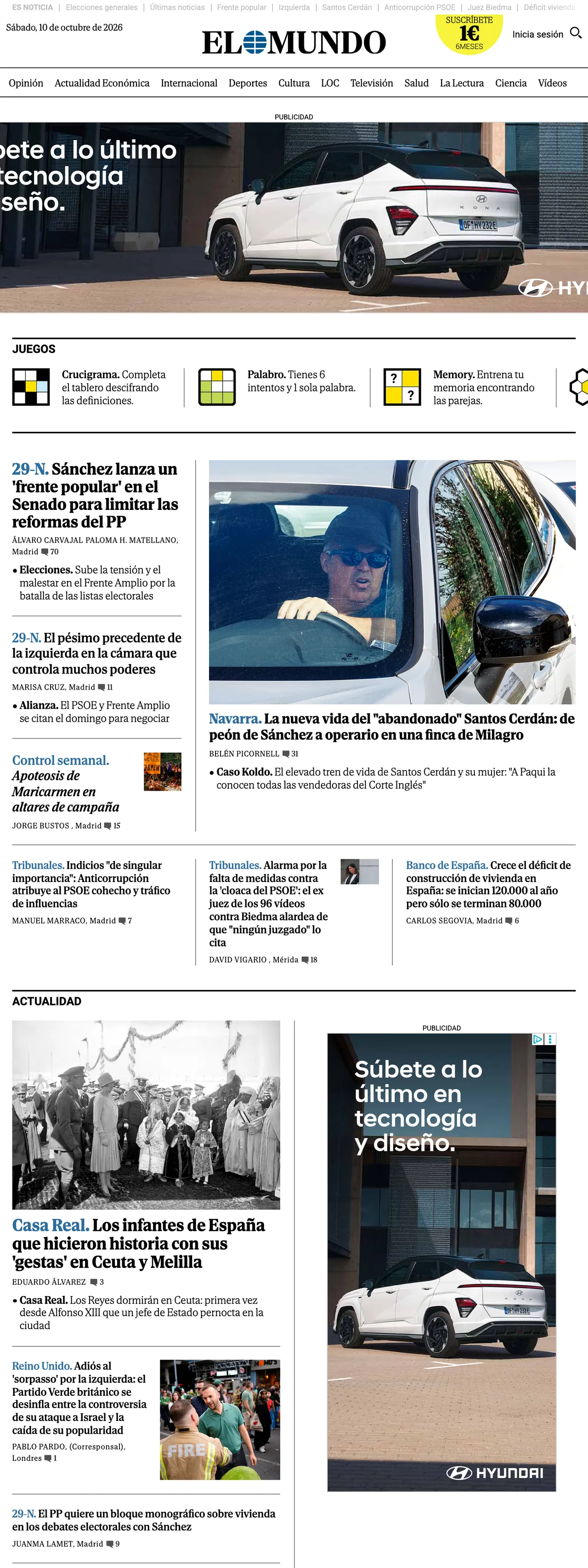 Screenshot of the El Mundo front page