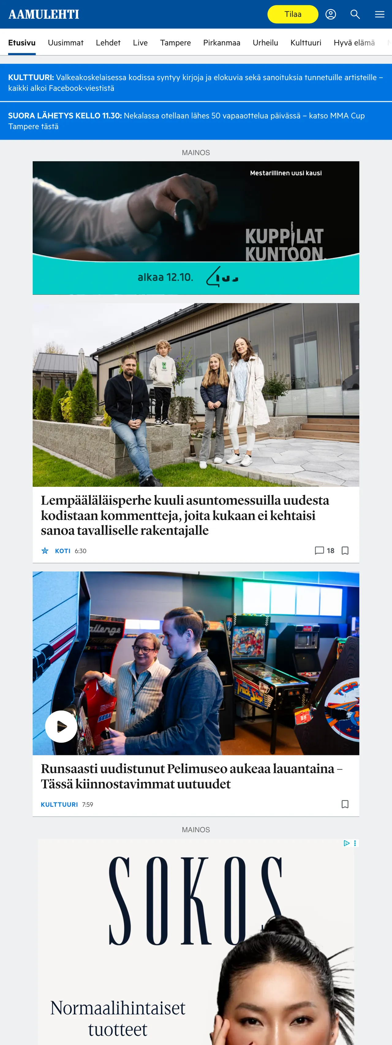 Screenshot of the Aamulehti front page