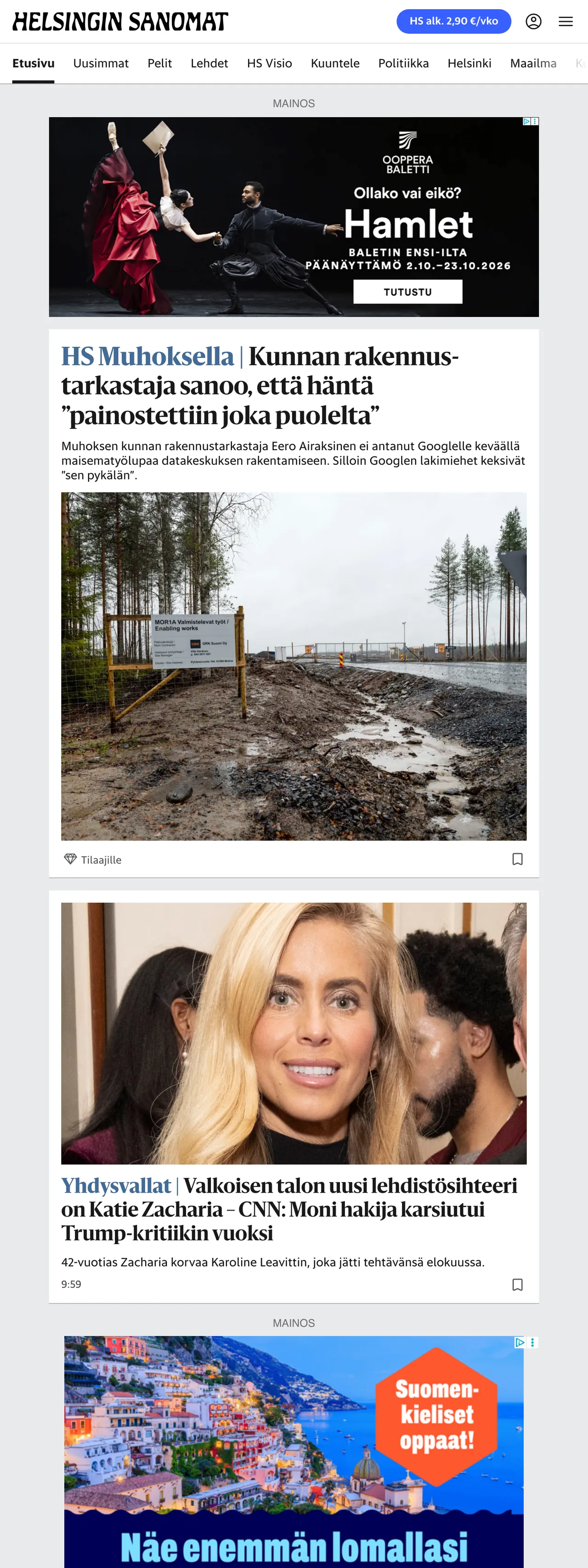 Screenshot of the Helsingin Sanomat front page