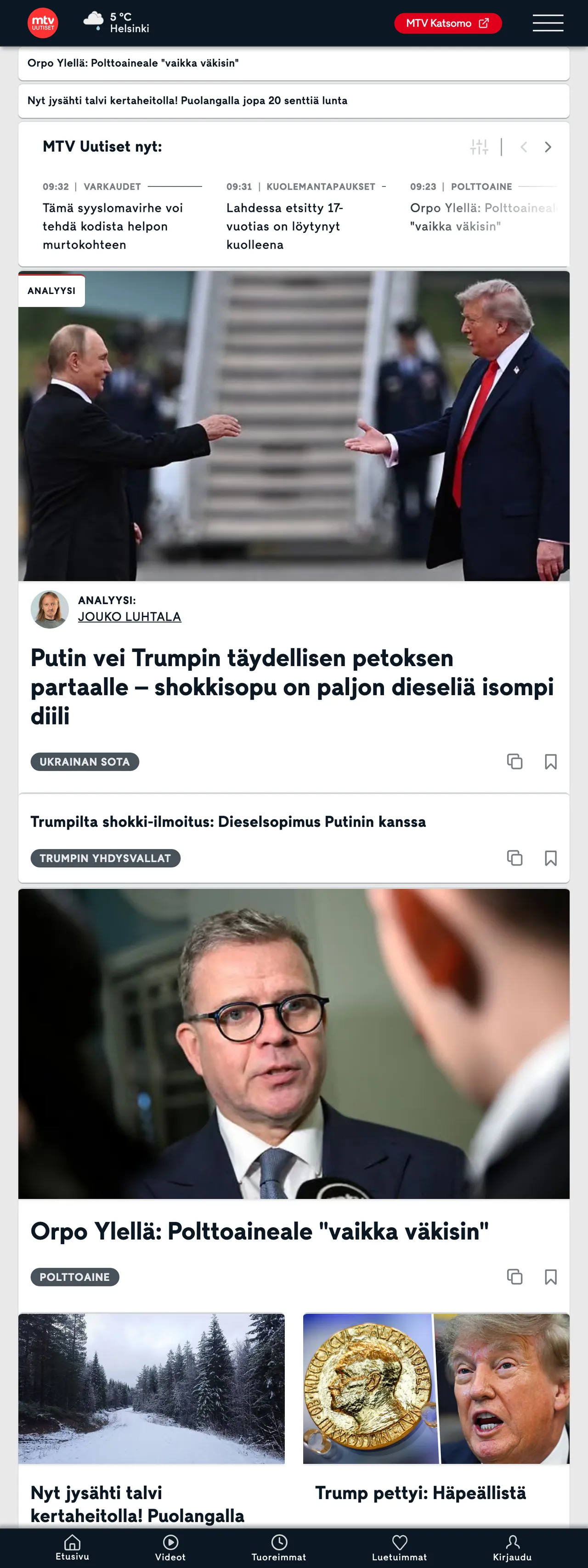 Screenshot of the MTV Uutiset front page