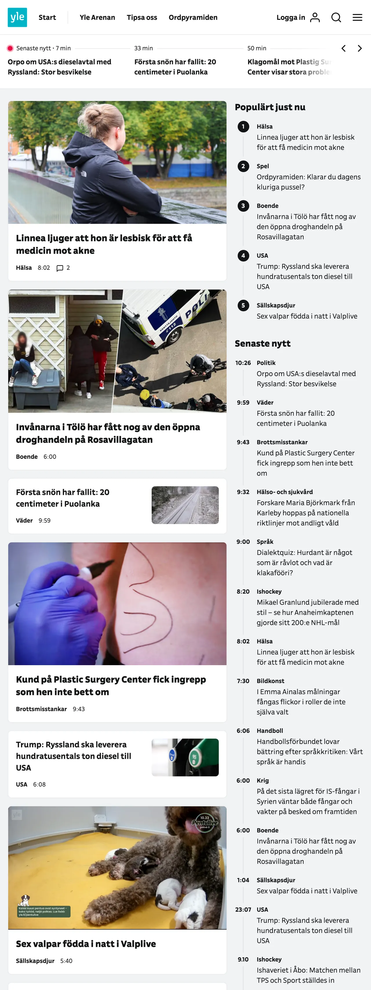 Screenshot of the Svenska Yle front page