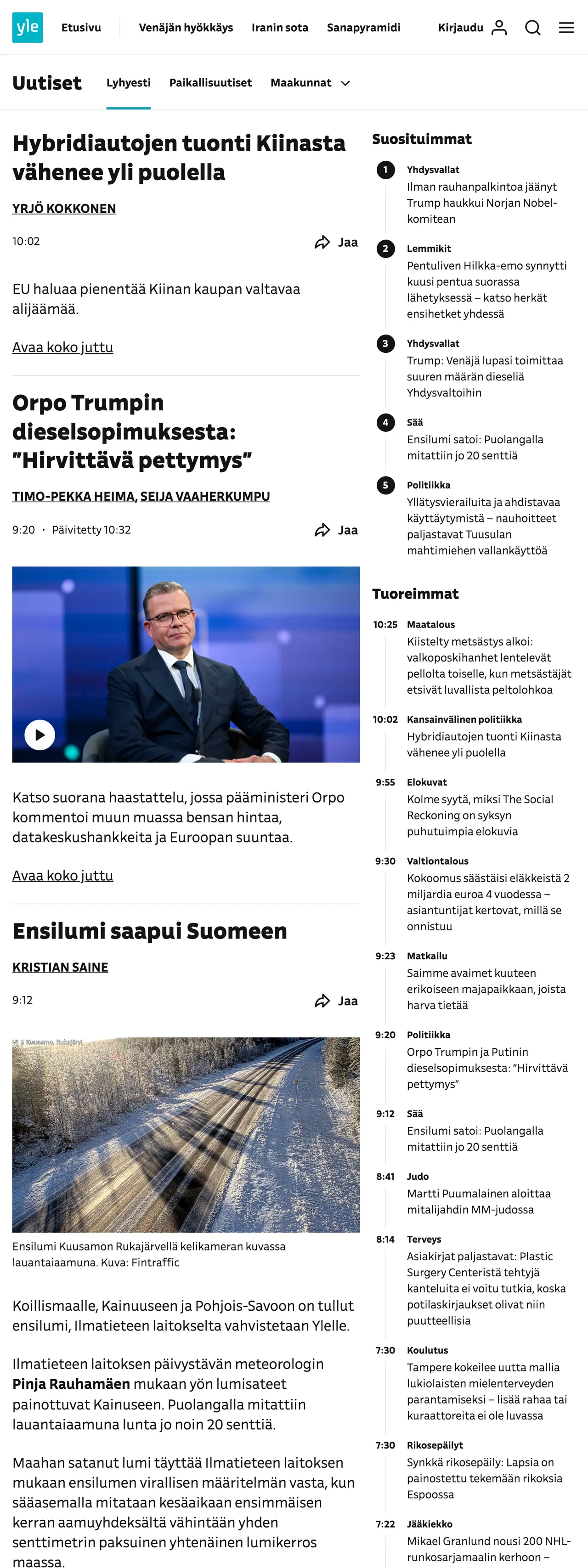 Screenshot of the Yle front page