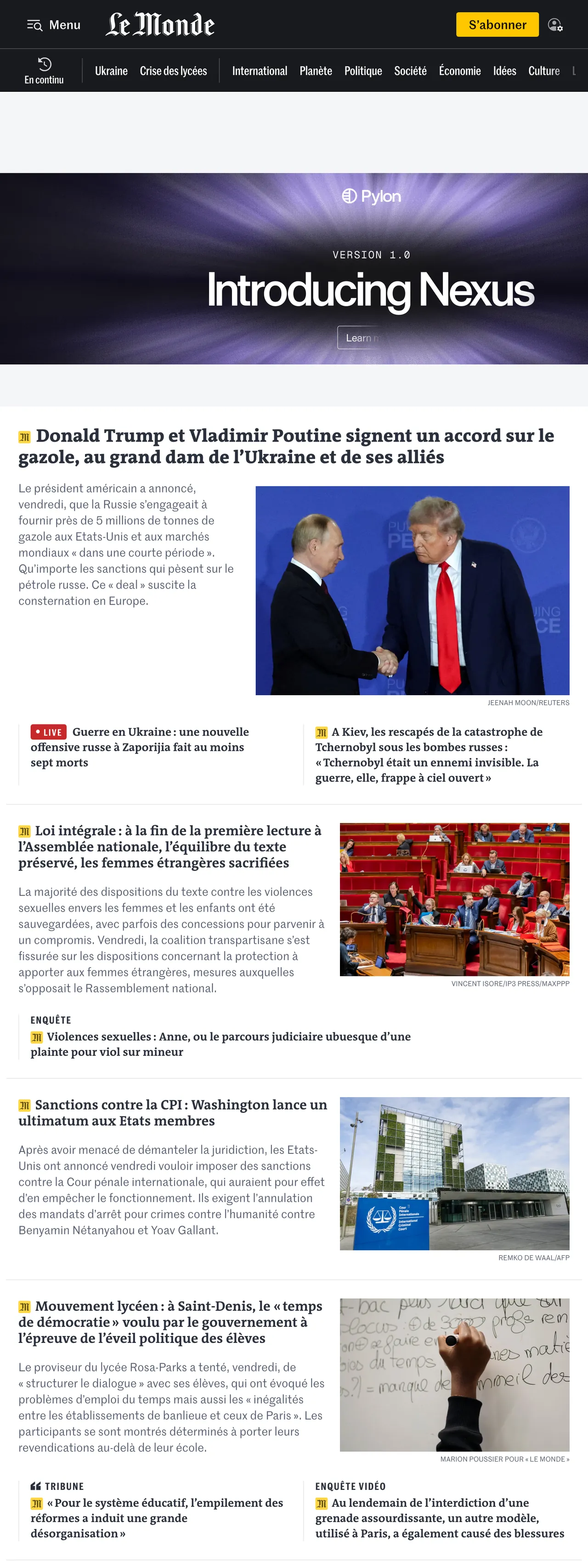 Screenshot of the Le Monde front page