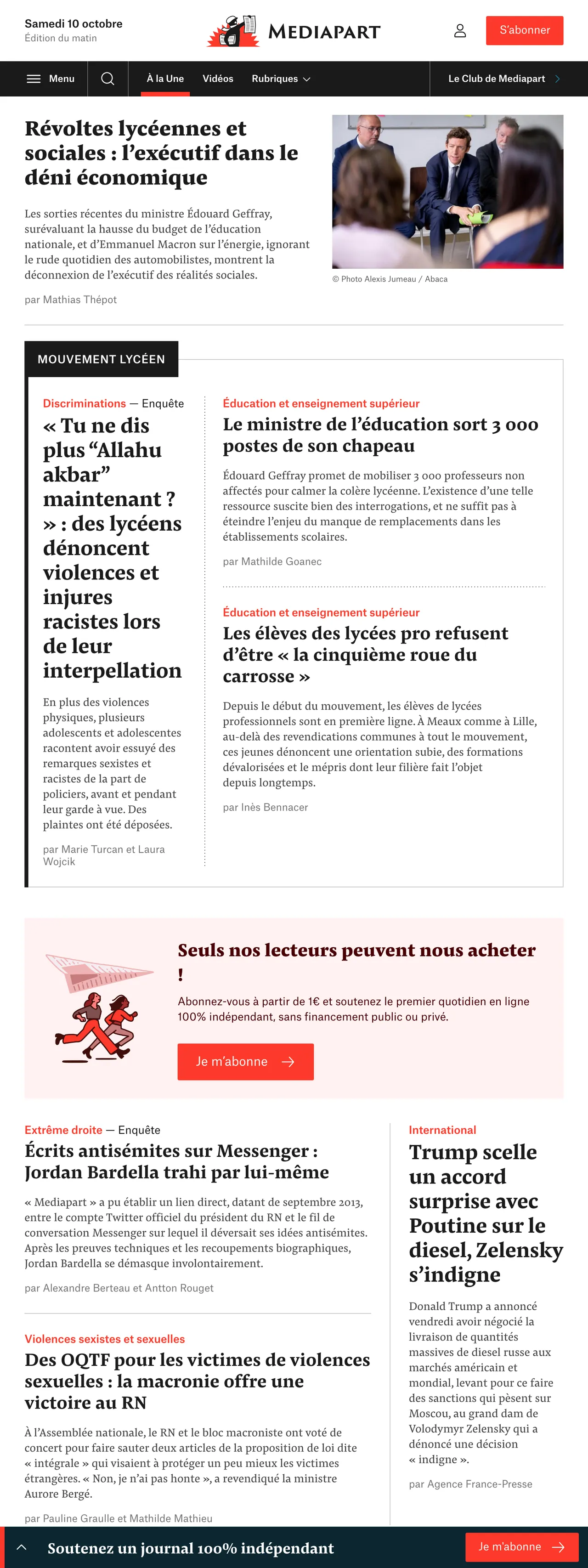 Screenshot of the Mediapart front page
