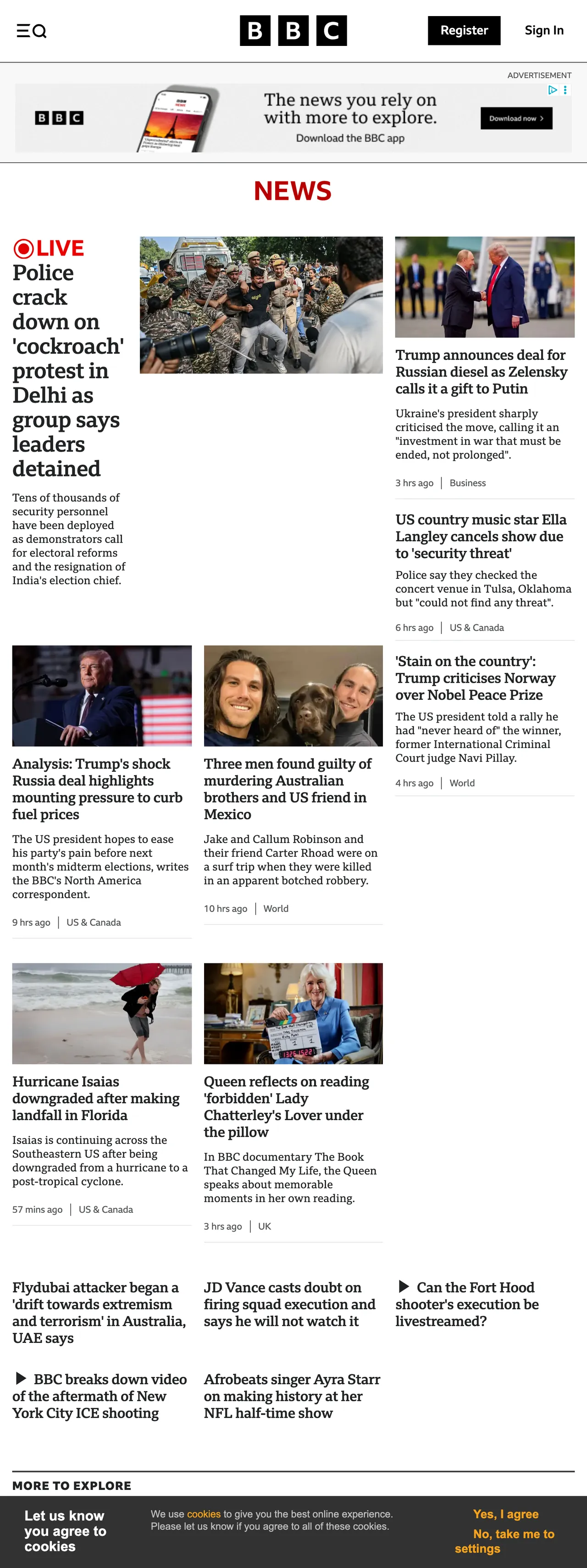 Screenshot of the BBC News front page