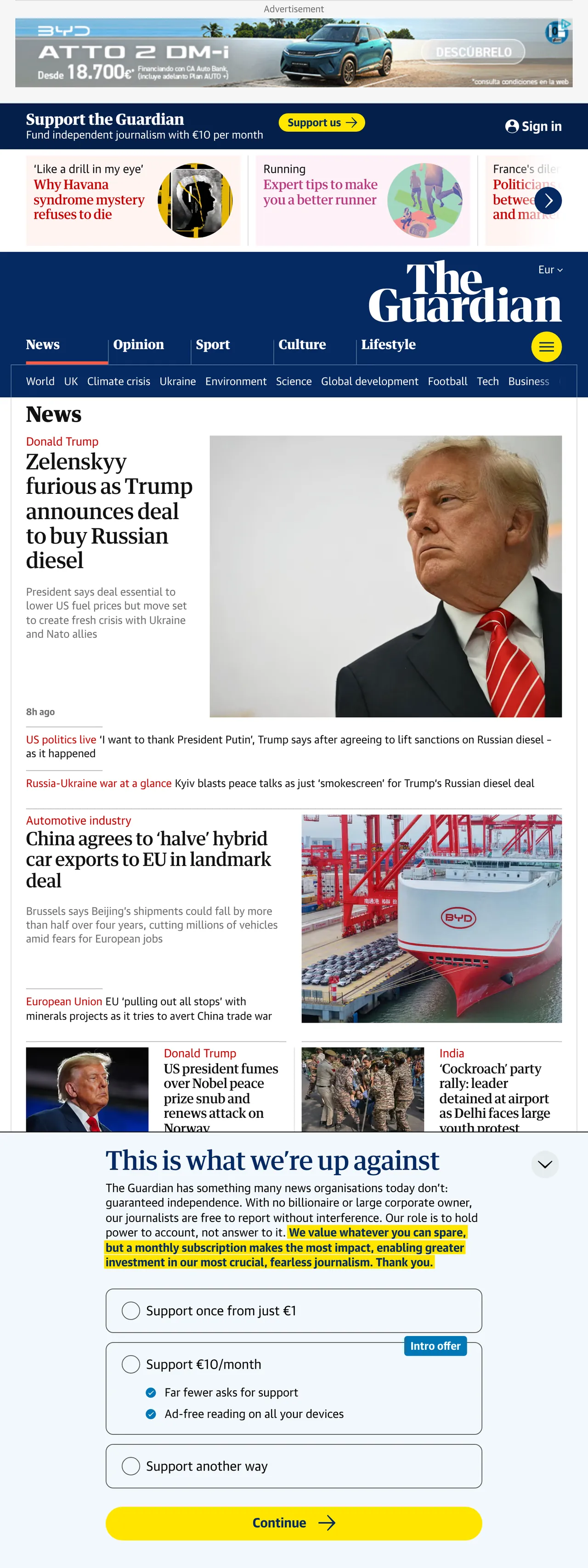 Screenshot of the The Guardian front page