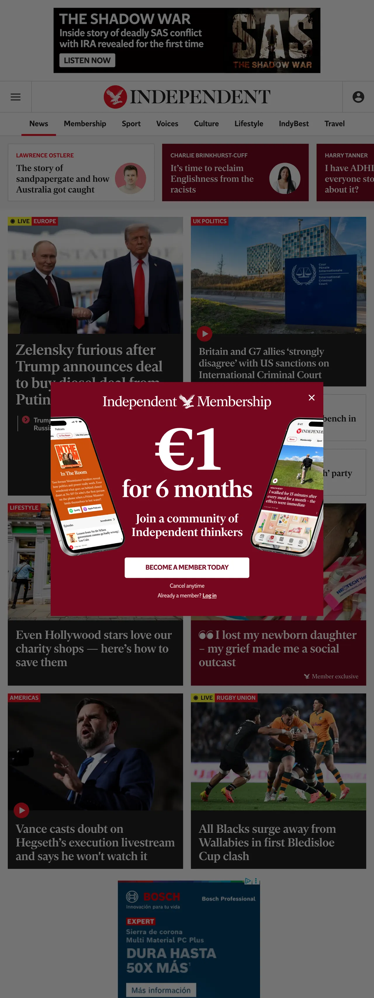 Screenshot of the The Independent front page