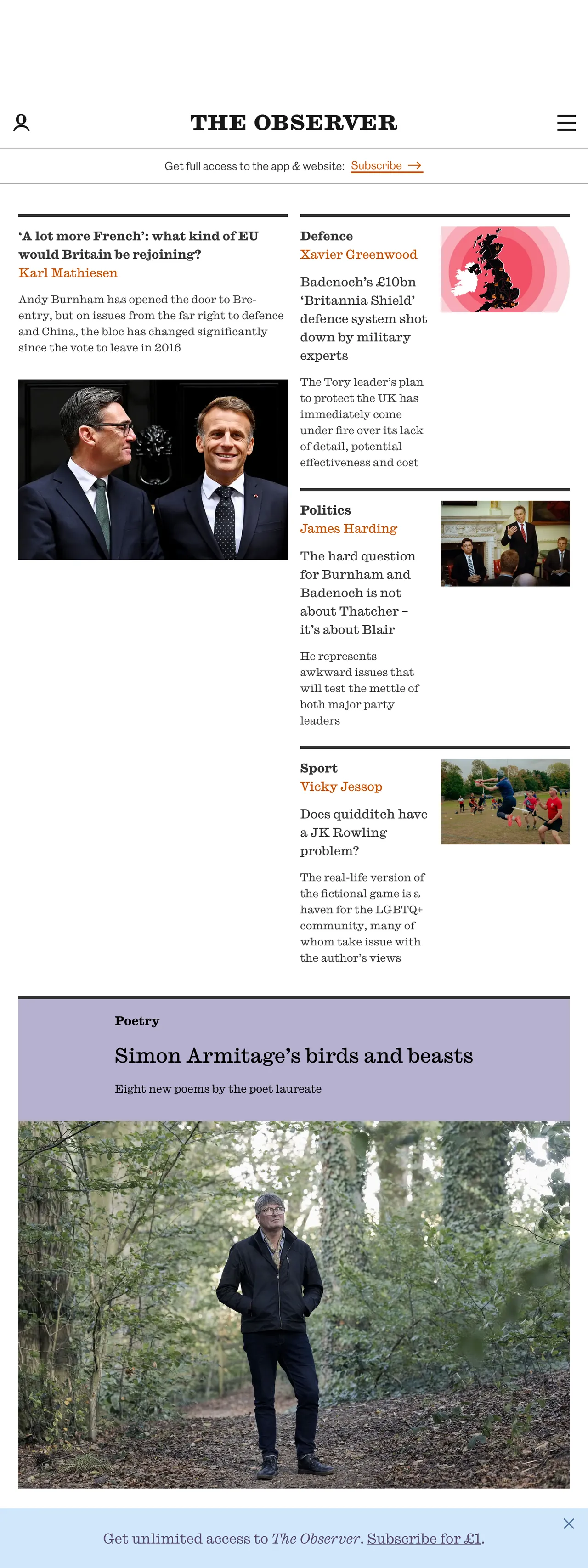 Screenshot of the The Observer front page
