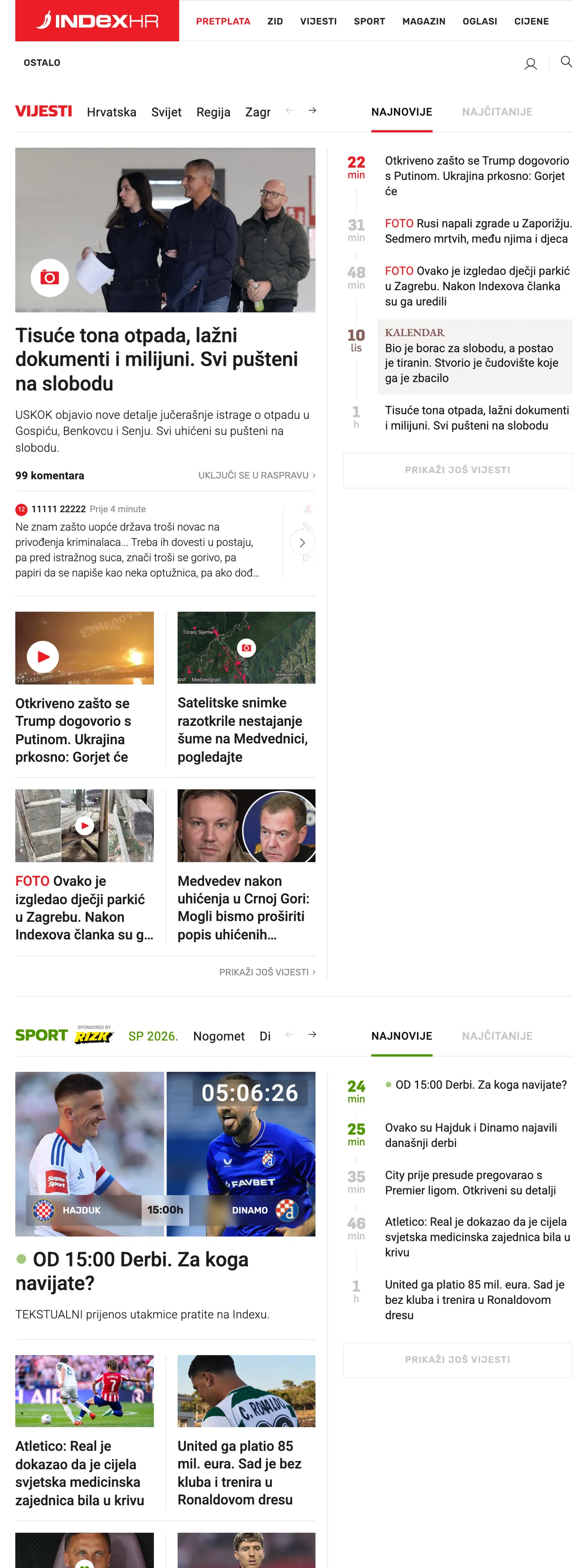 Screenshot of the Index.hr front page