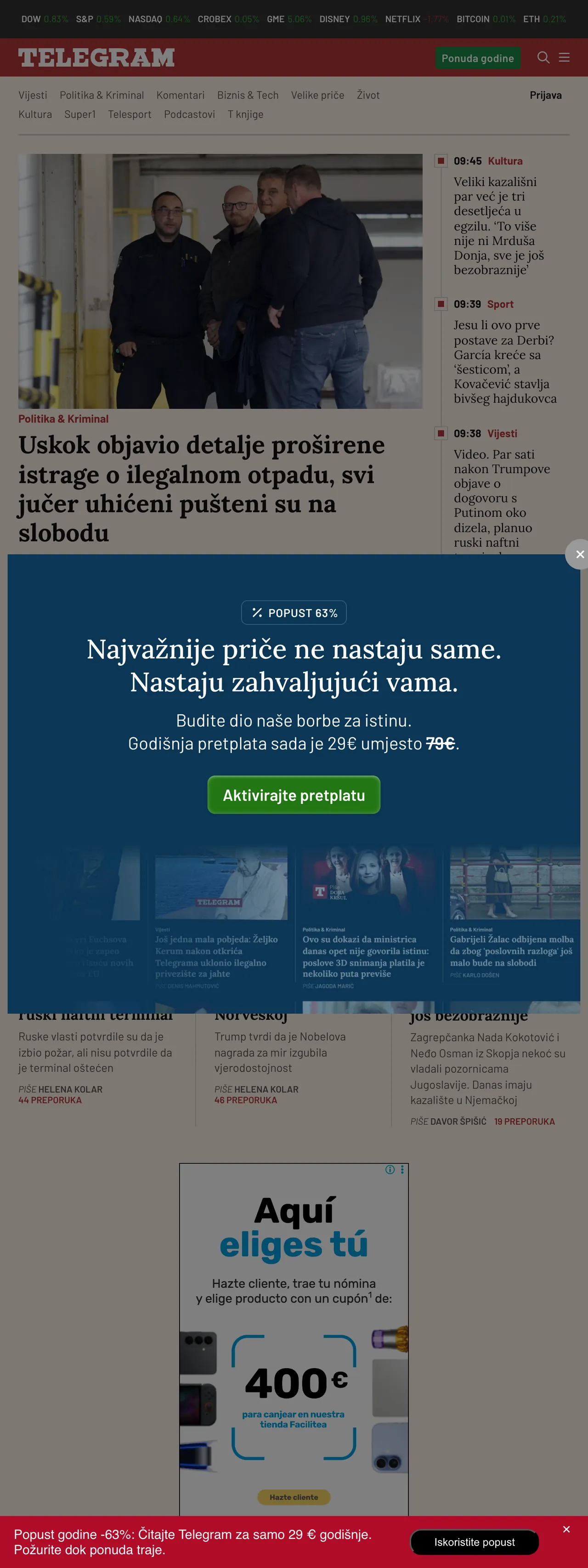 Screenshot of the Telegram.hr front page