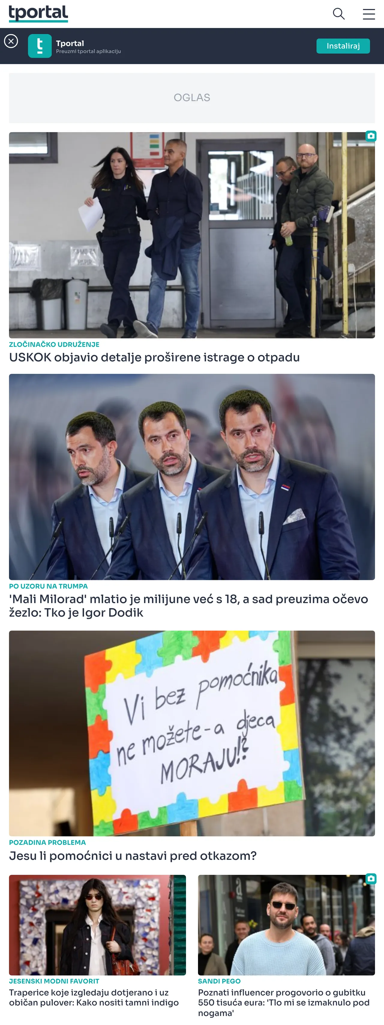 Screenshot of the tportal front page