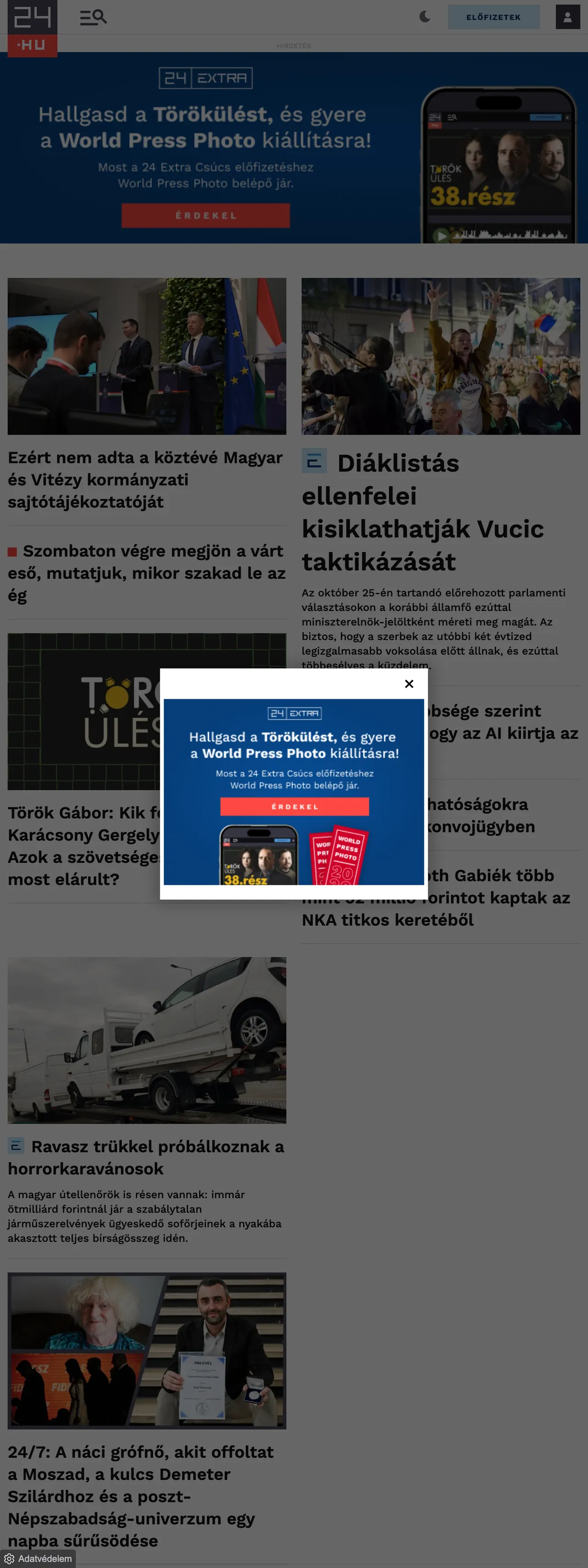 Screenshot of the 24.hu front page