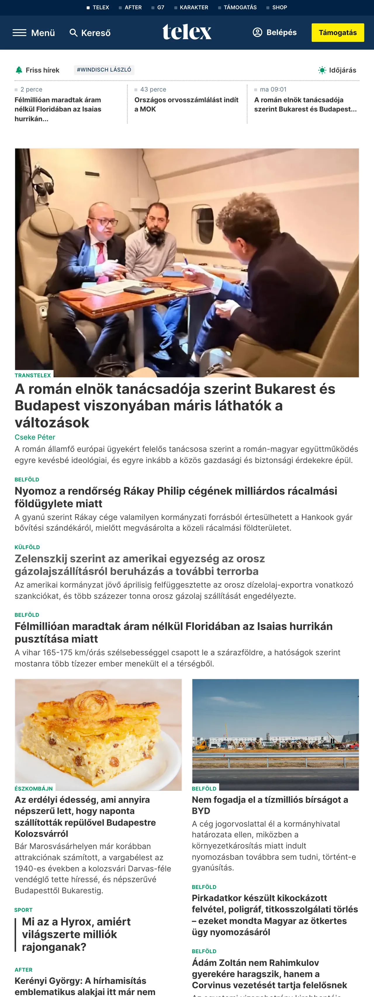 Screenshot of the Telex front page