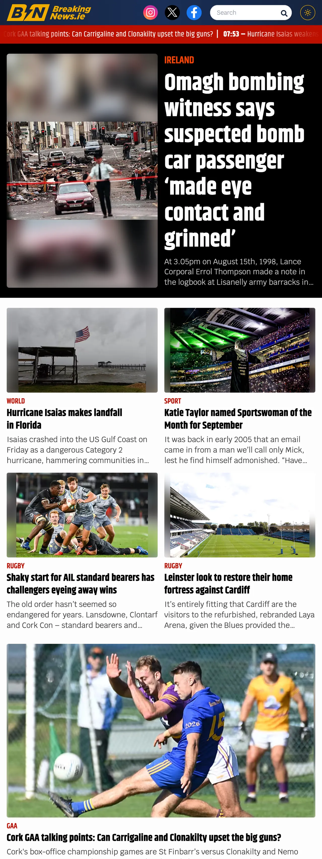 Screenshot of the BreakingNews.ie front page