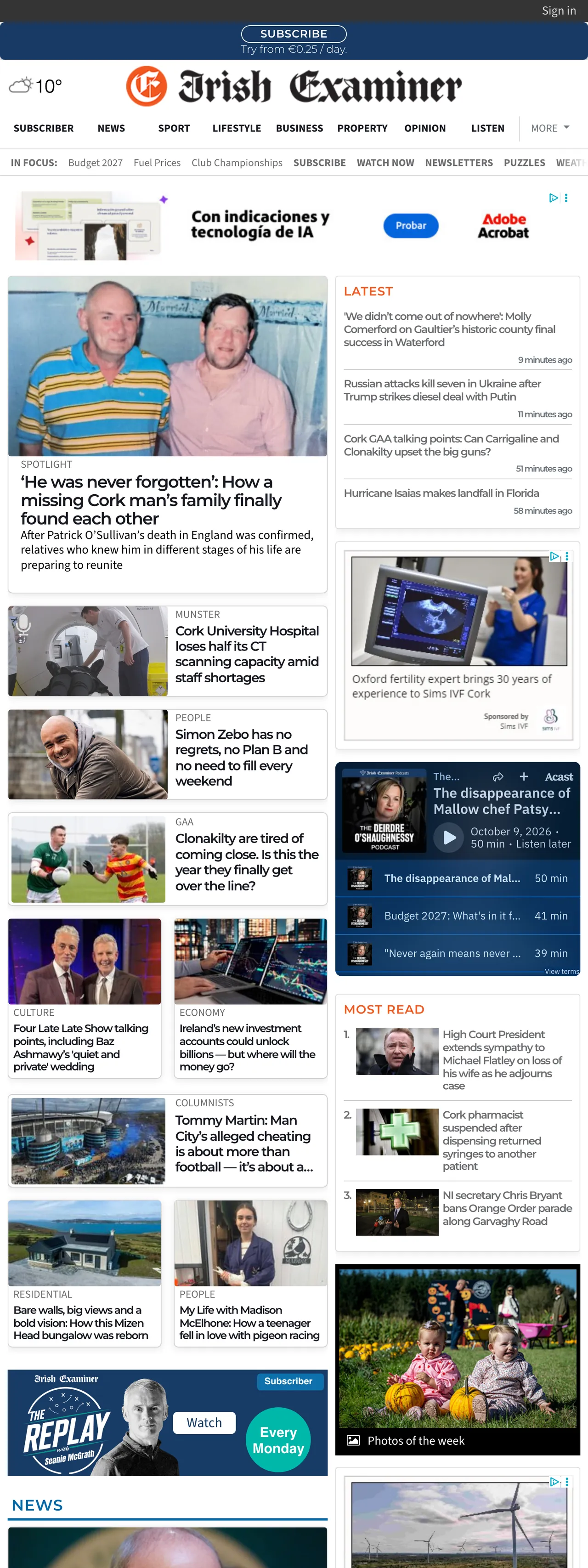 Screenshot of the Irish Examiner front page