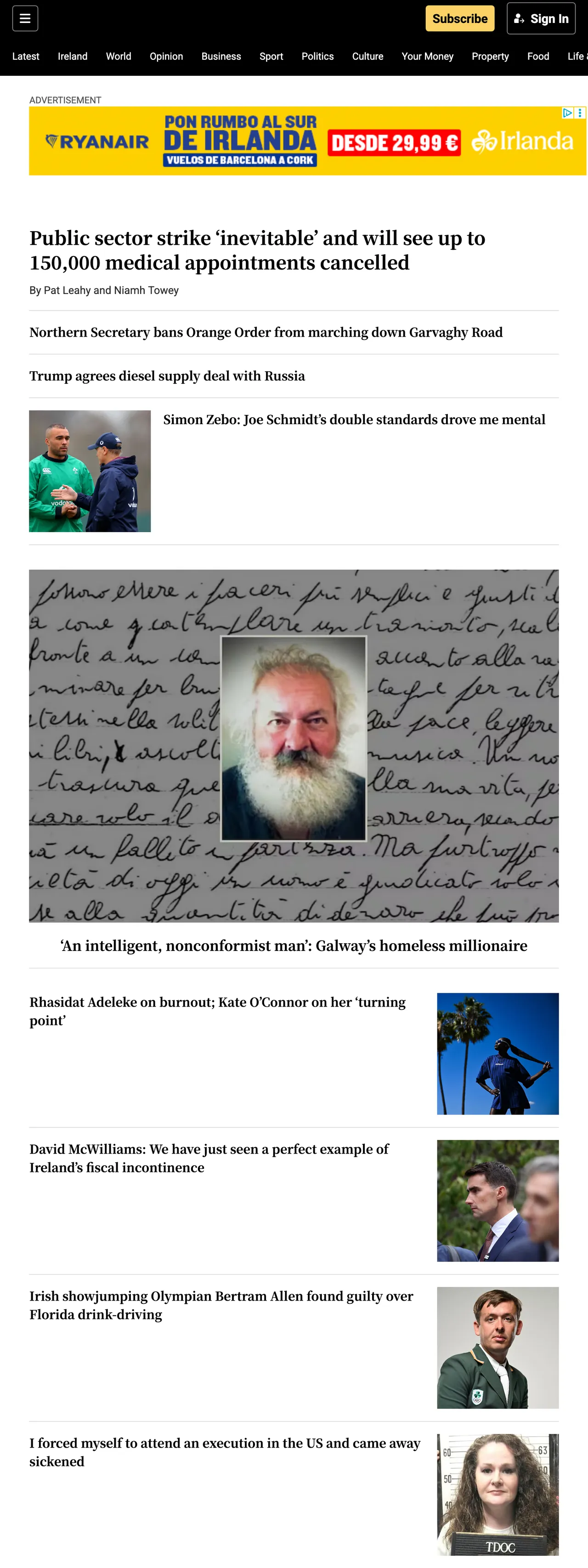Screenshot of the The Irish Times front page