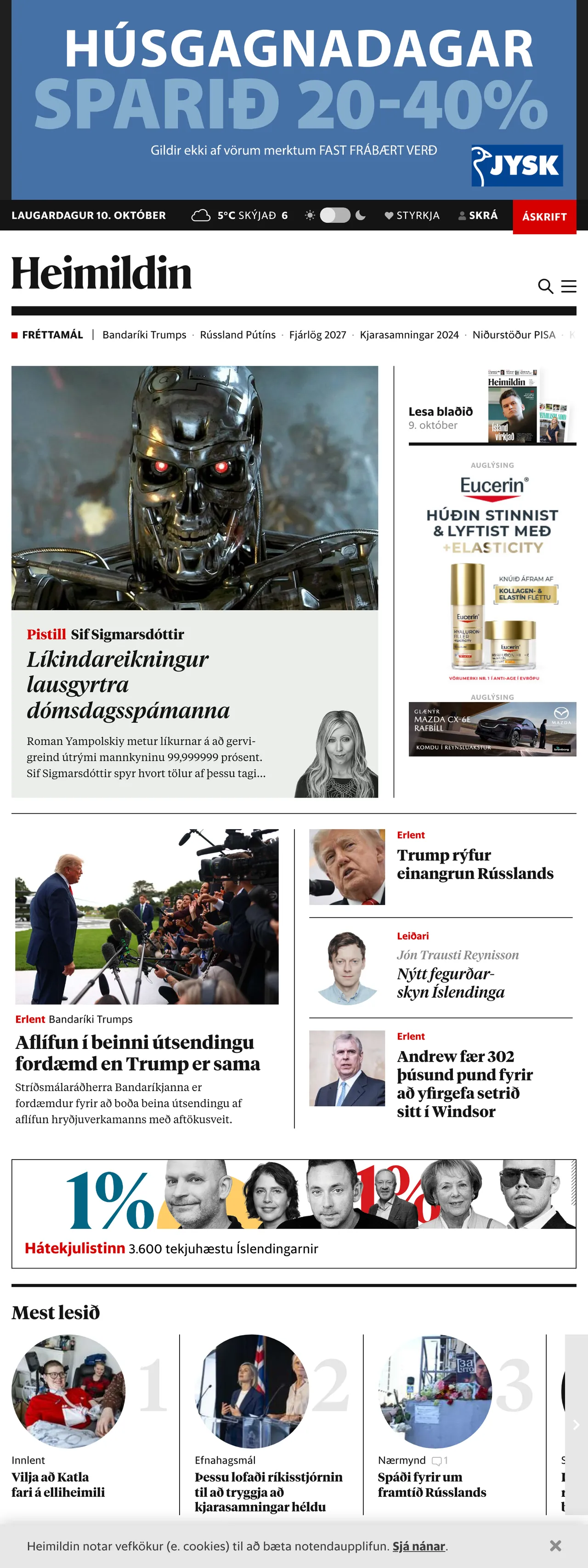 Screenshot of the Heimildin front page