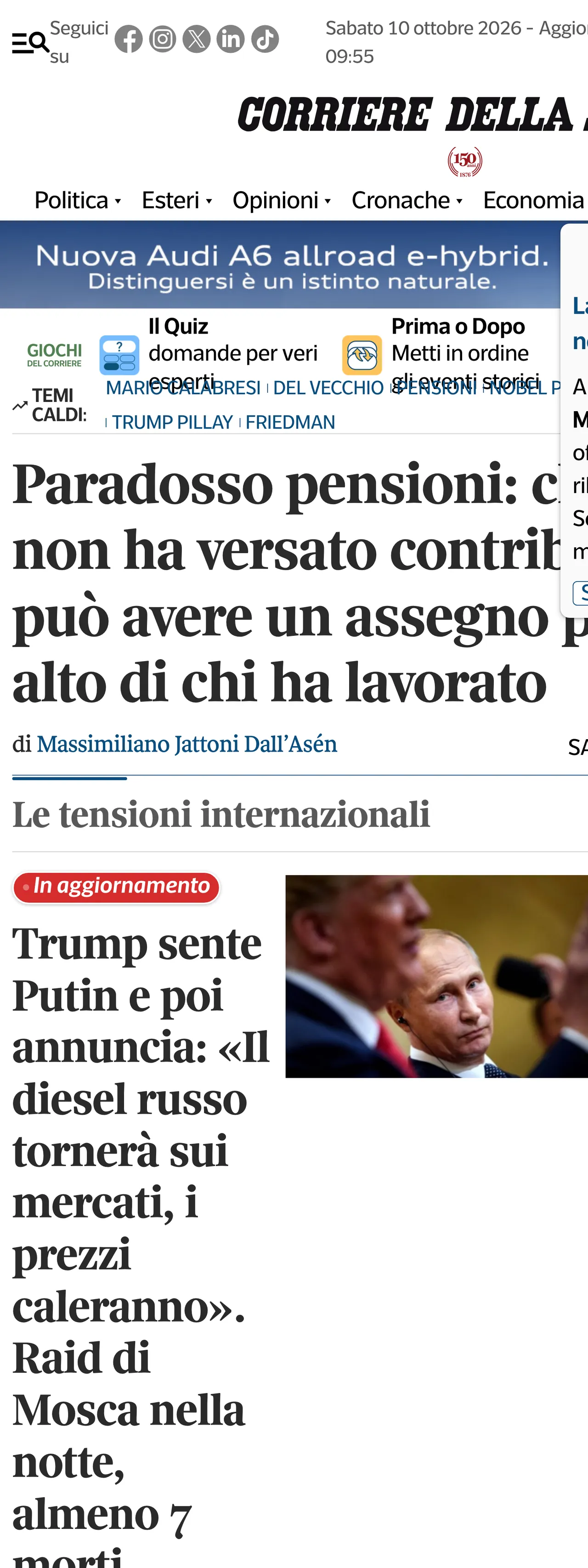 Screenshot of the Corriere della Sera front page