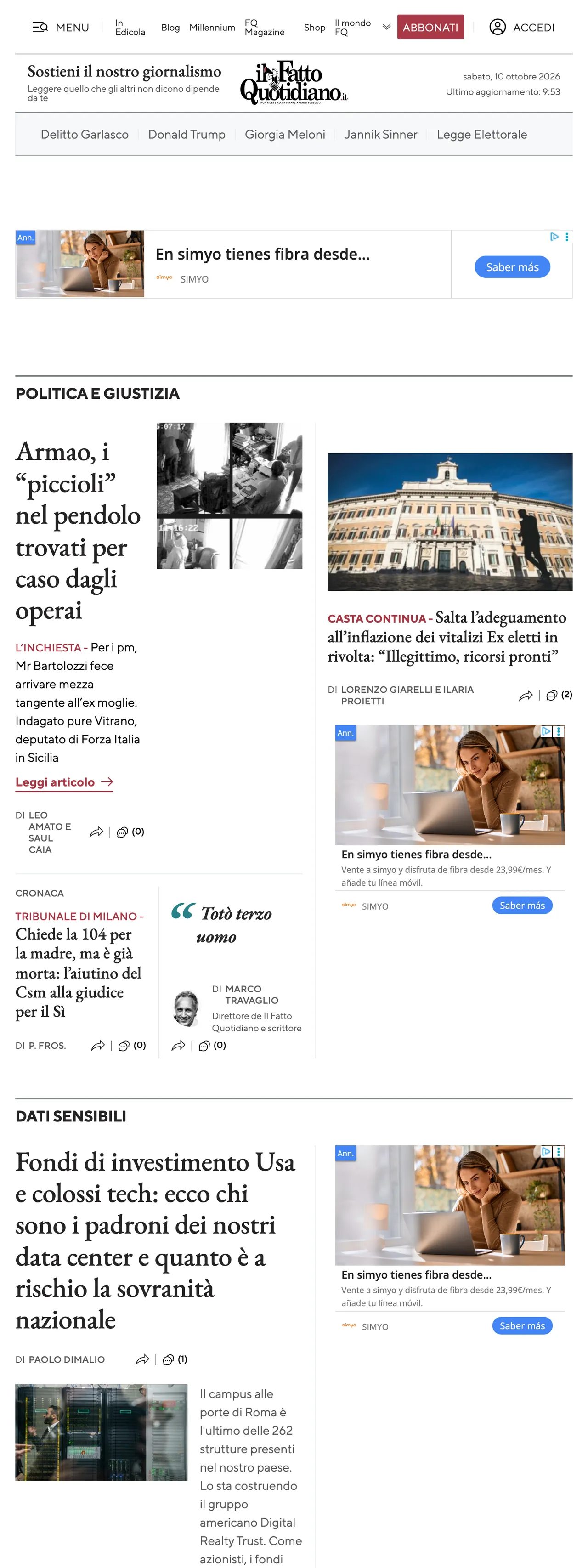 Screenshot of the Il Fatto Quotidiano front page