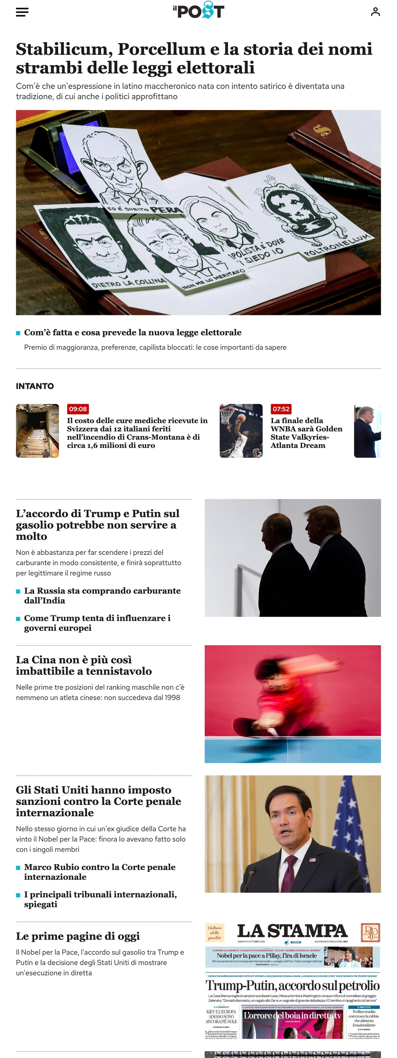 Screenshot of the Il Post front page