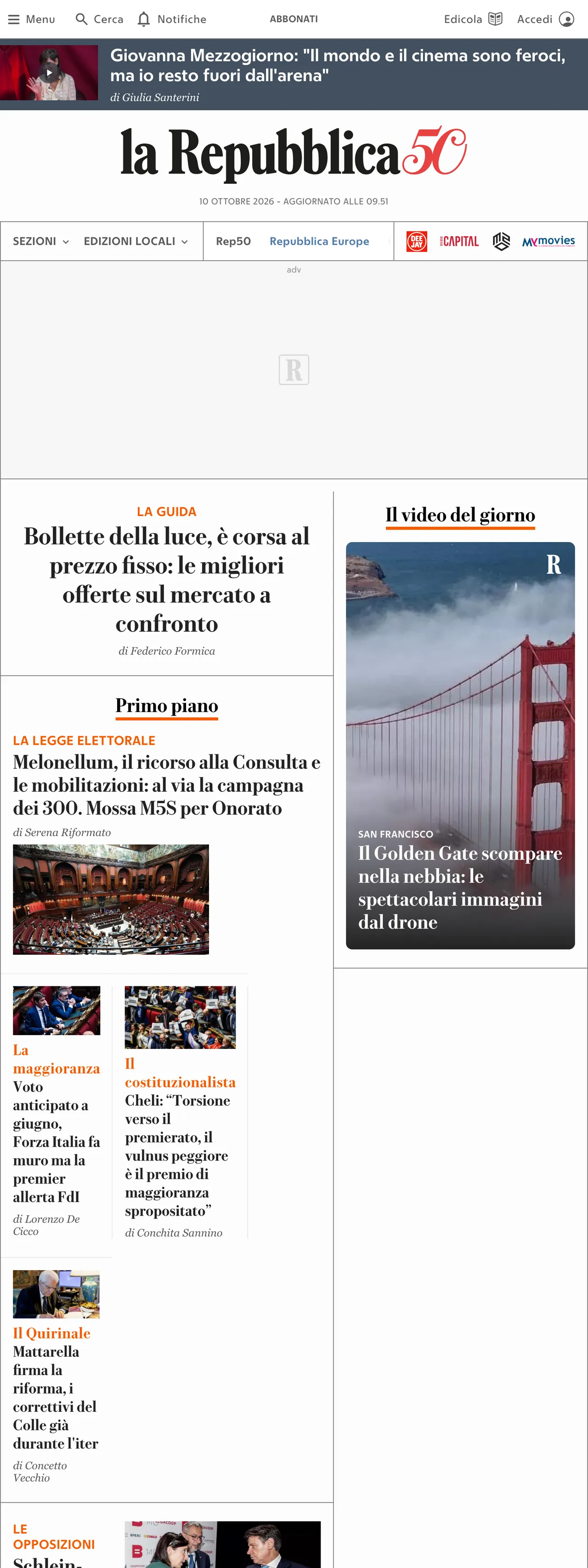 Screenshot of the la Repubblica front page