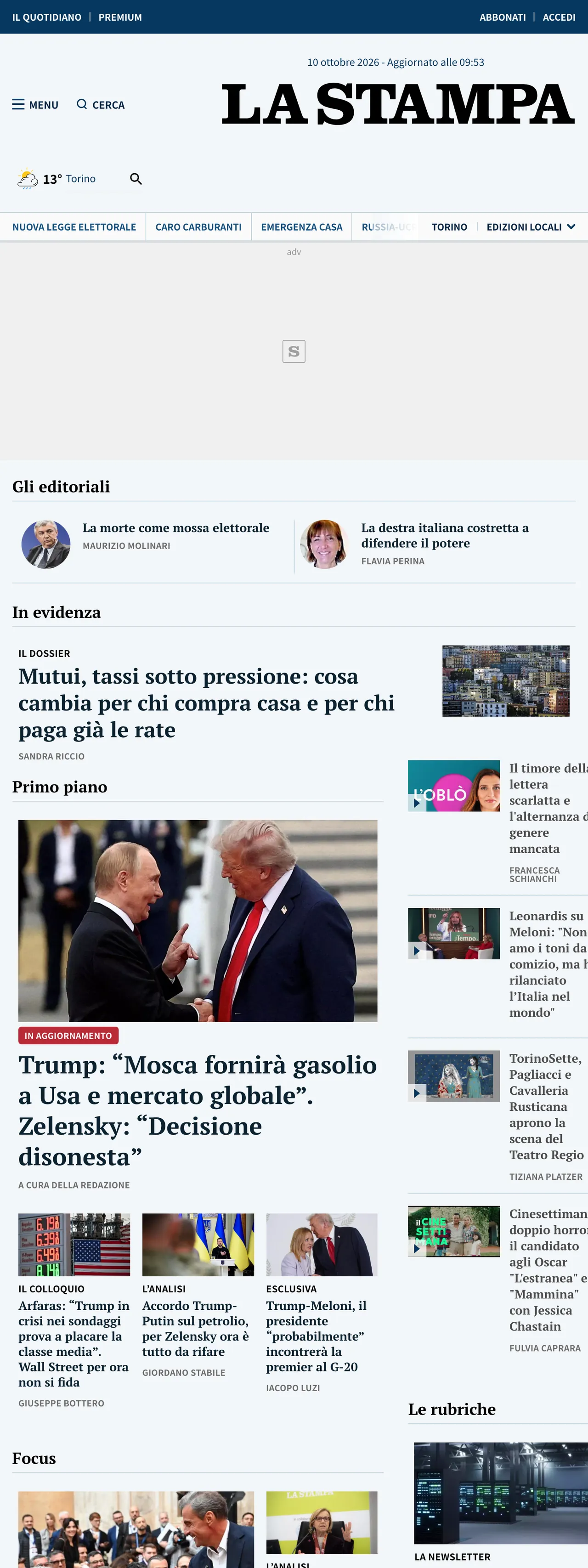 Screenshot of the La Stampa front page