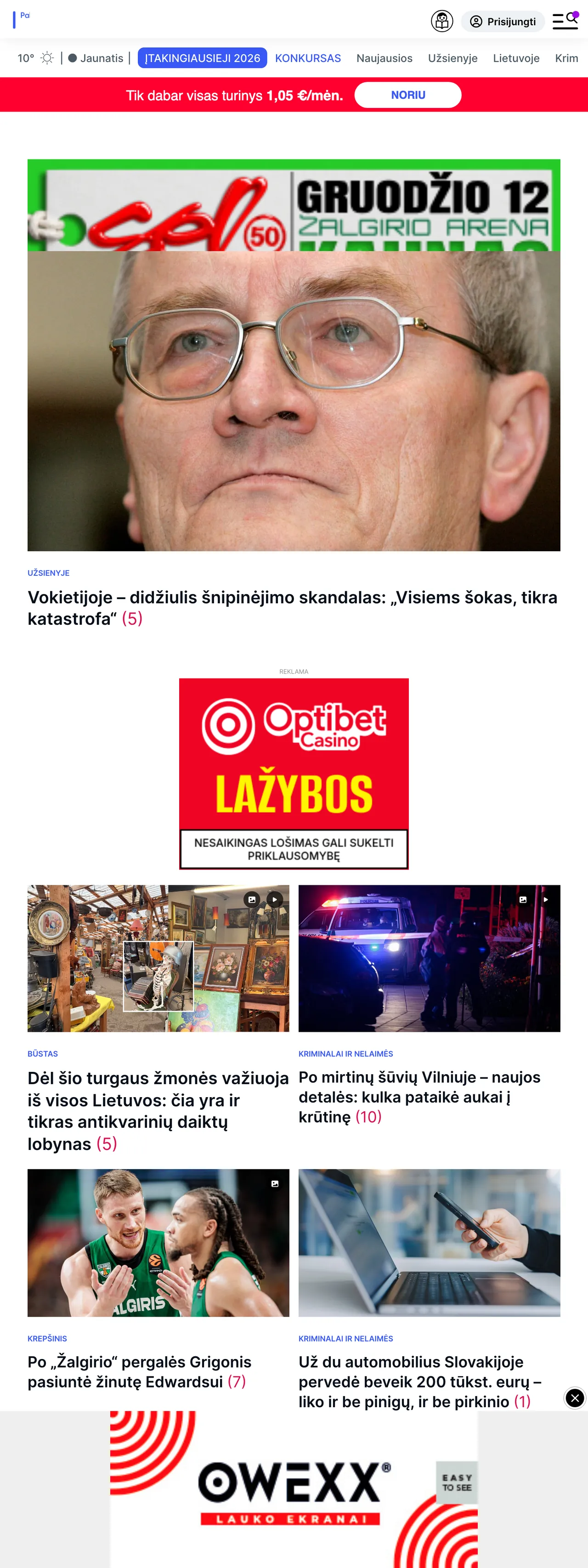 Screenshot of the Delfi front page