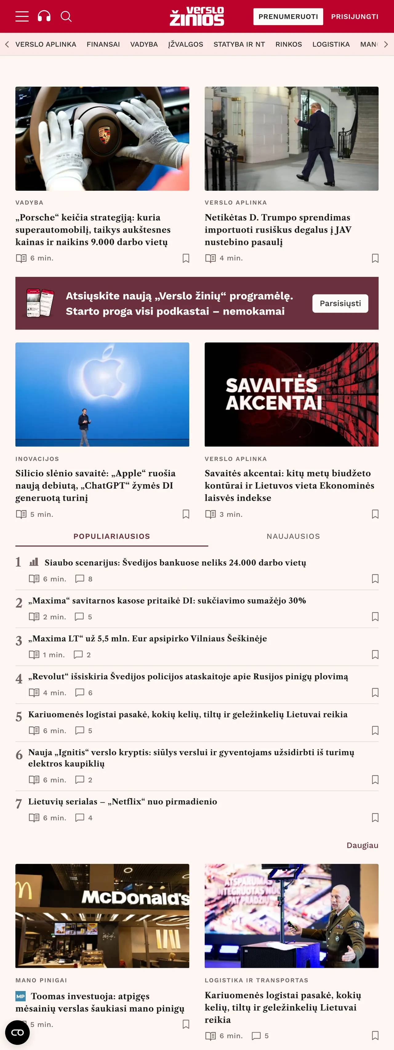 Screenshot of the Verslo žinios front page