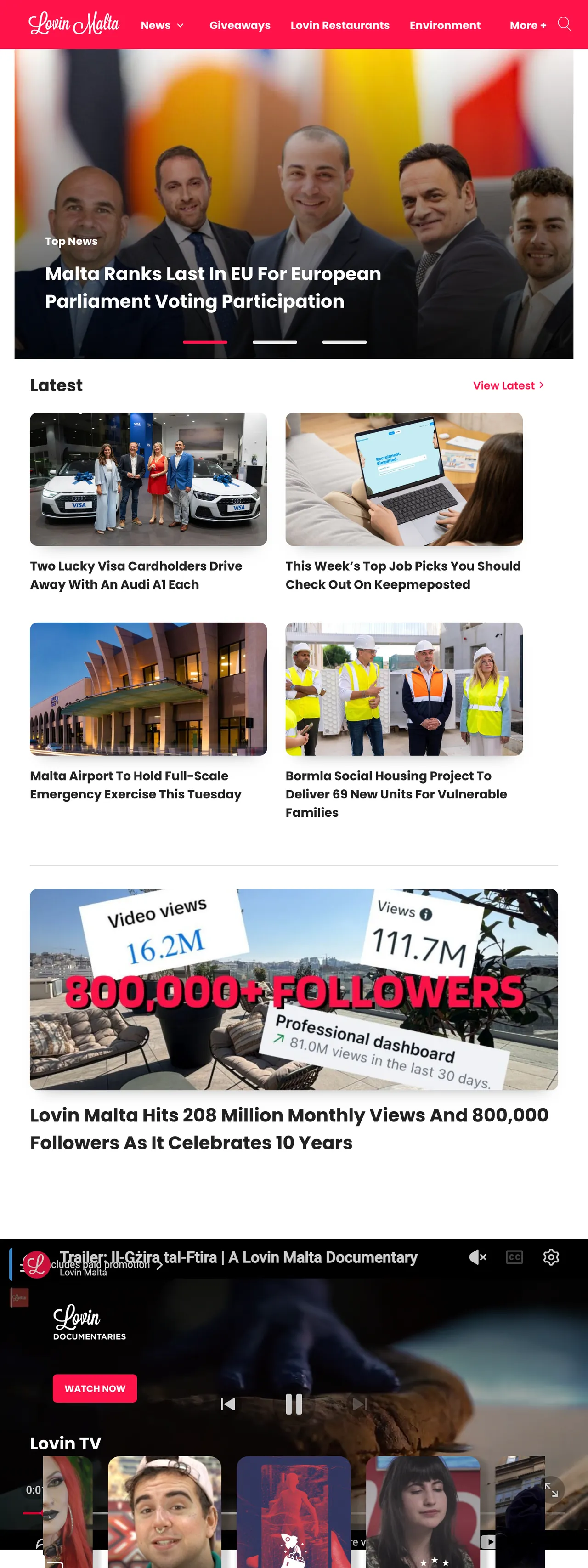 Screenshot of the Lovin Malta front page