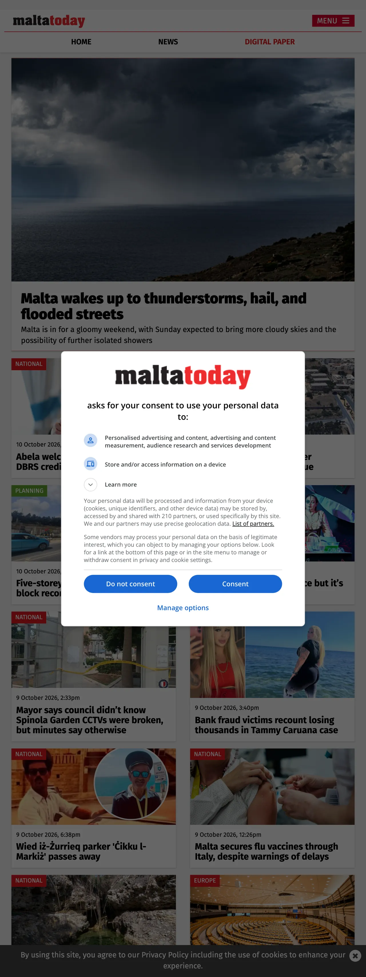 Screenshot of the Malta Today front page