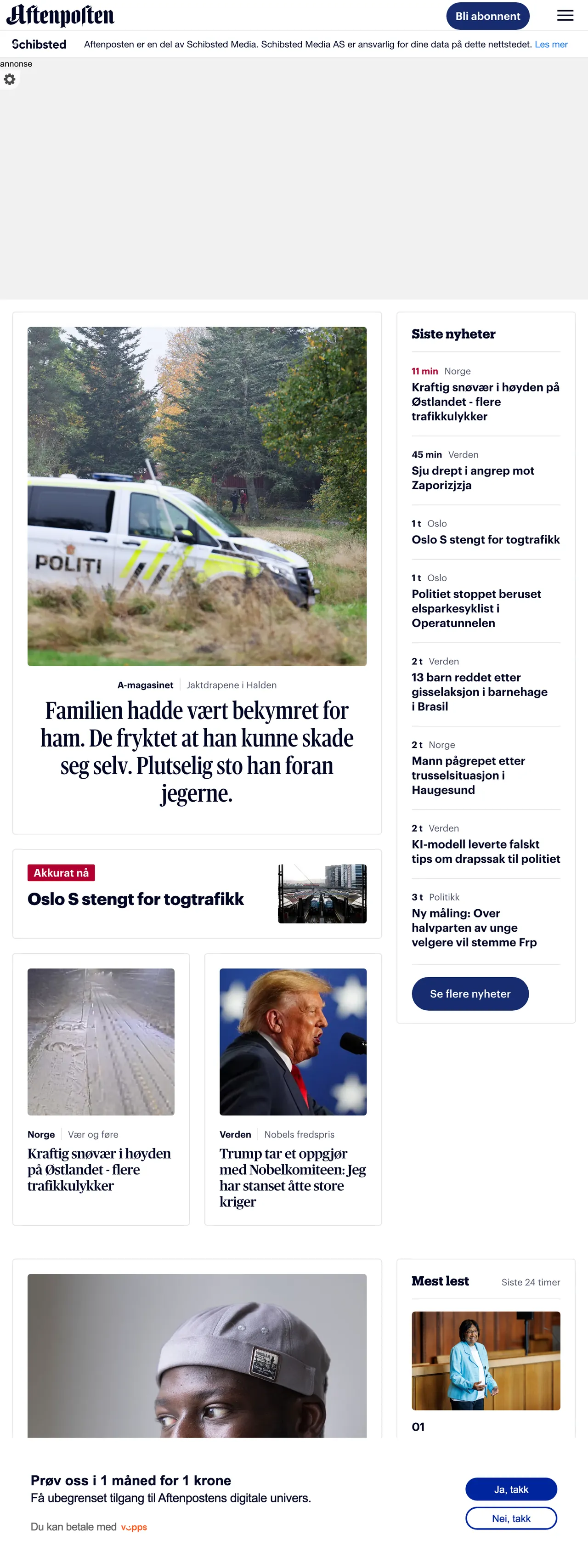 Screenshot of the Aftenposten front page
