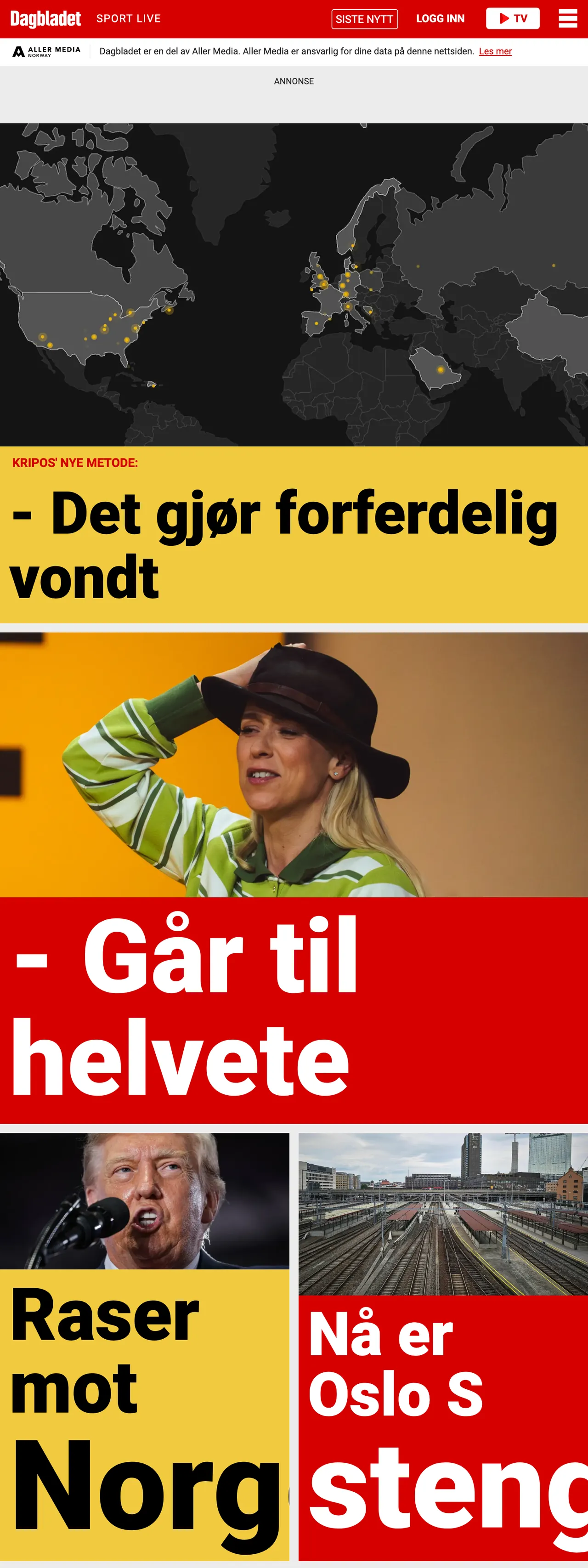 Screenshot of the Dagbladet front page