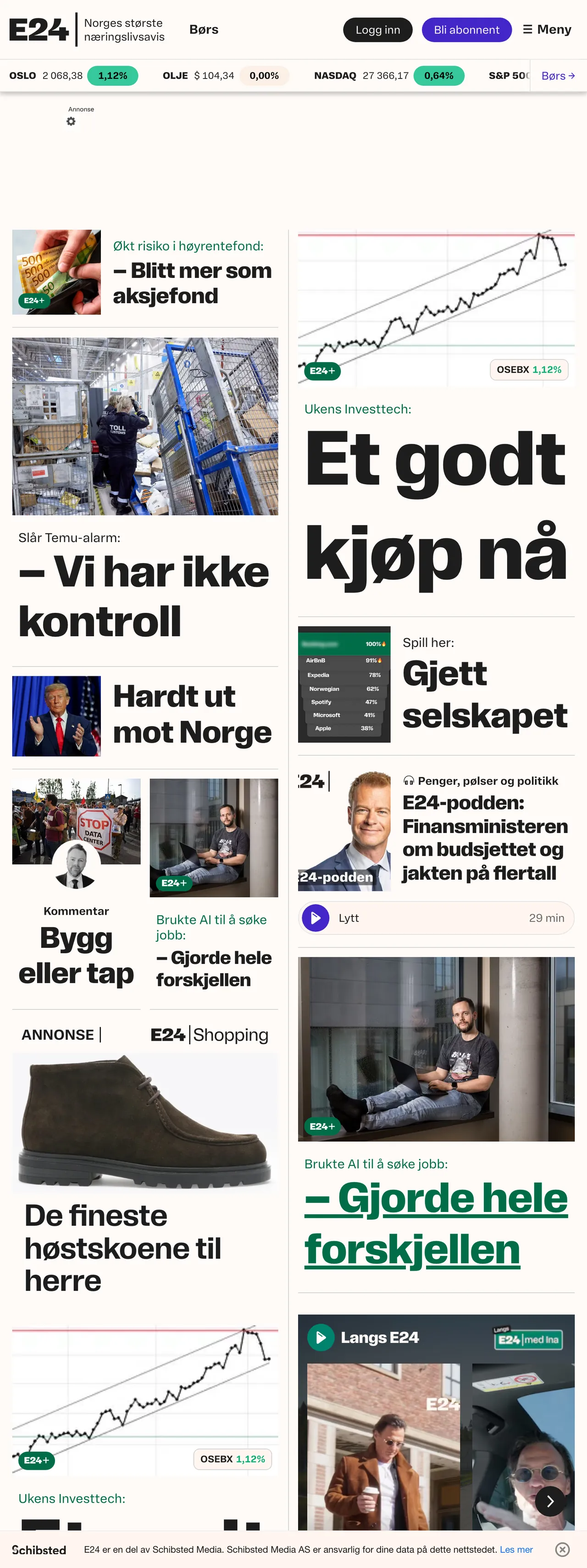 Screenshot of the E24 front page