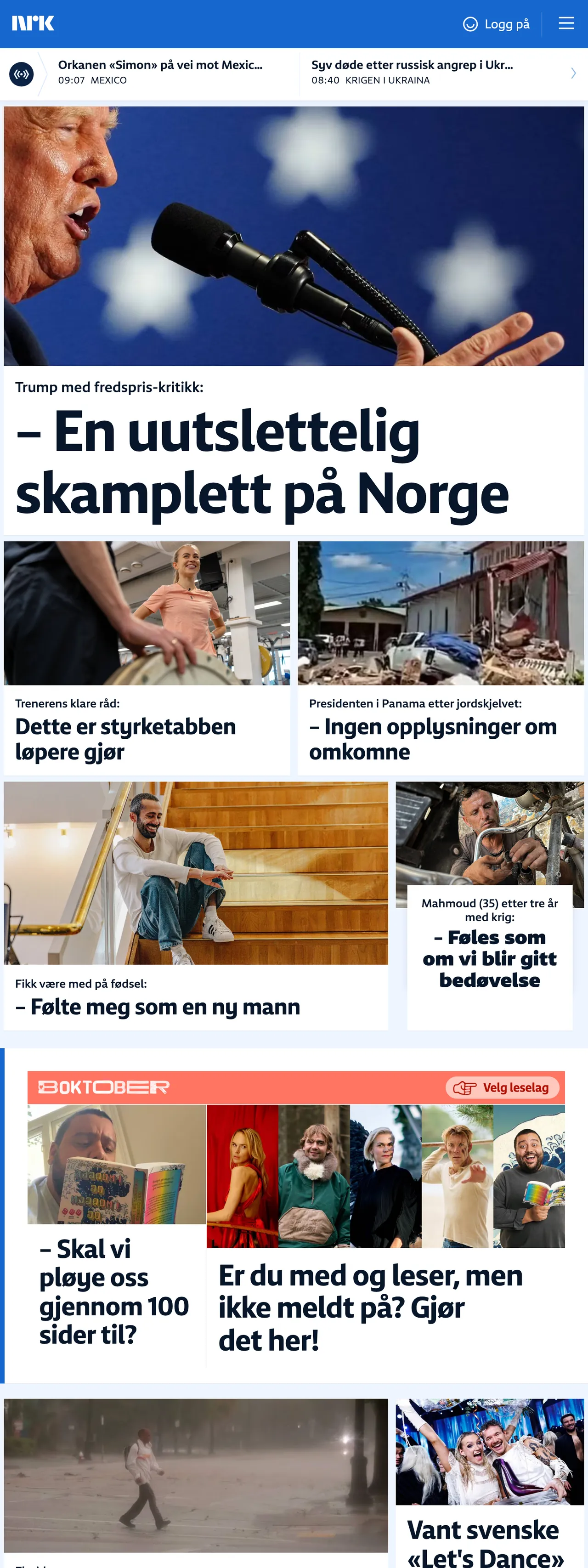 Screenshot of the NRK front page
