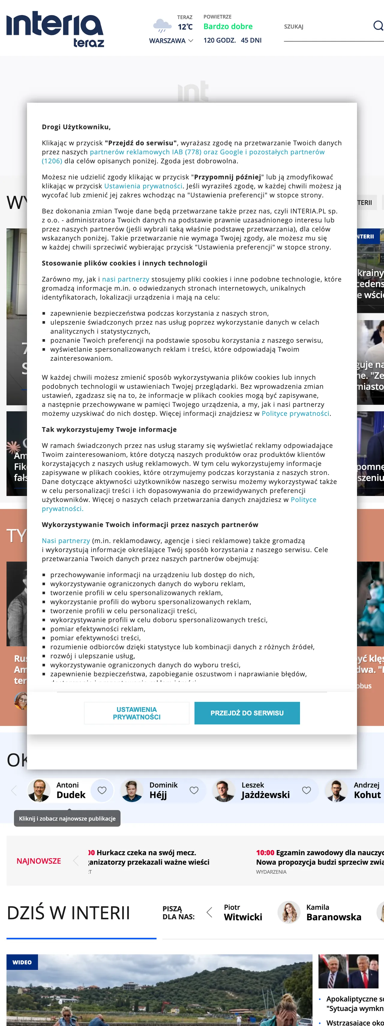 Screenshot of the Interia front page