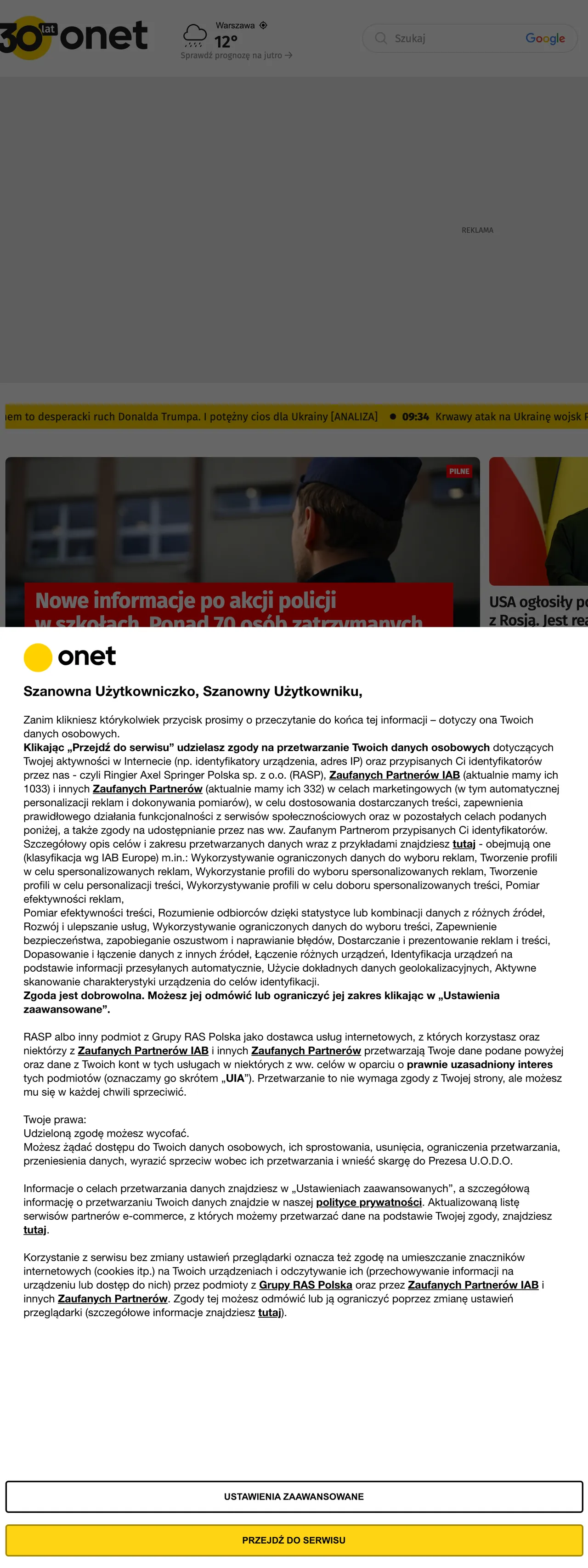 Screenshot of the Onet front page