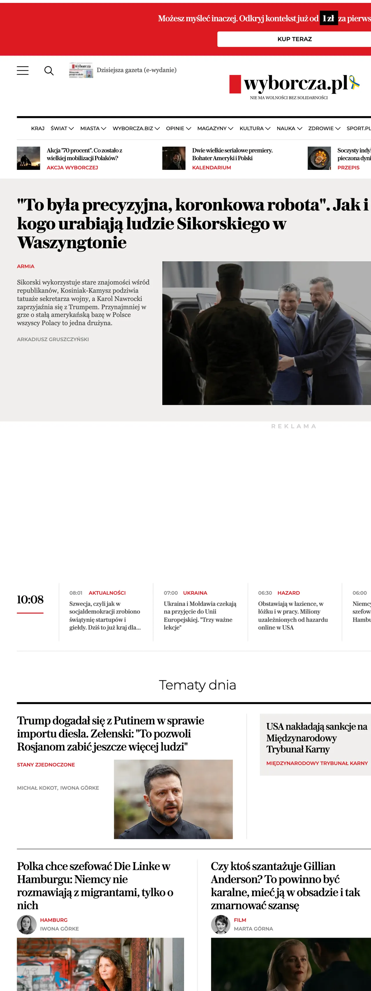 Screenshot of the Wyborcza front page