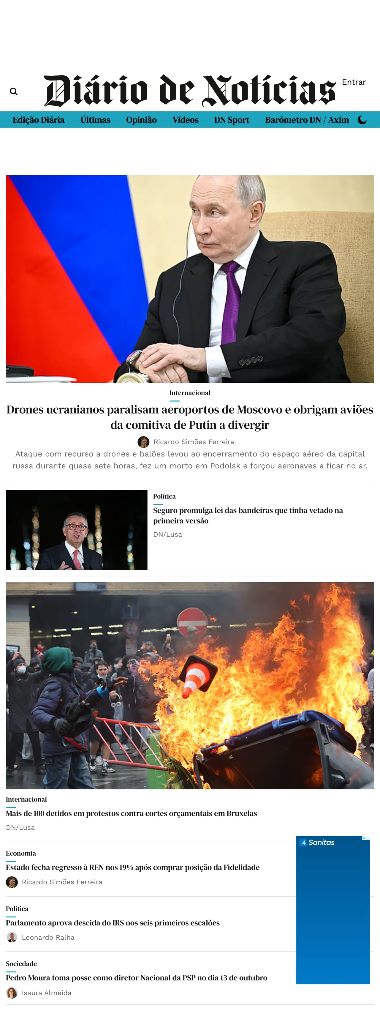 Screenshot of the Diário de Notícias front page