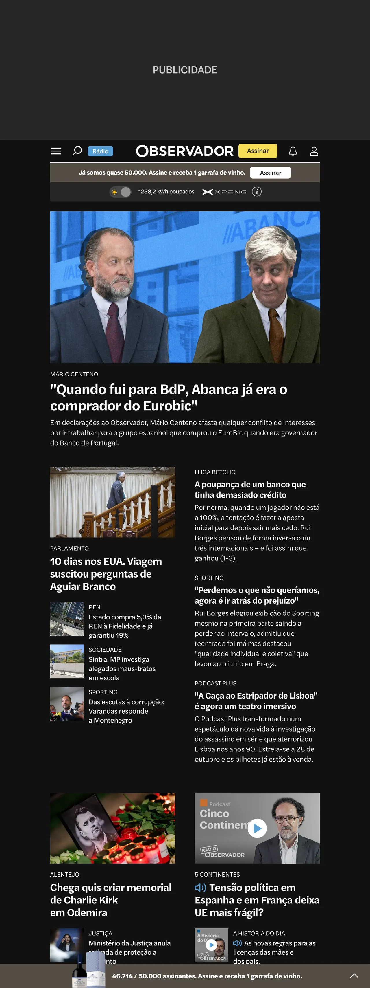 Screenshot of the Observador front page
