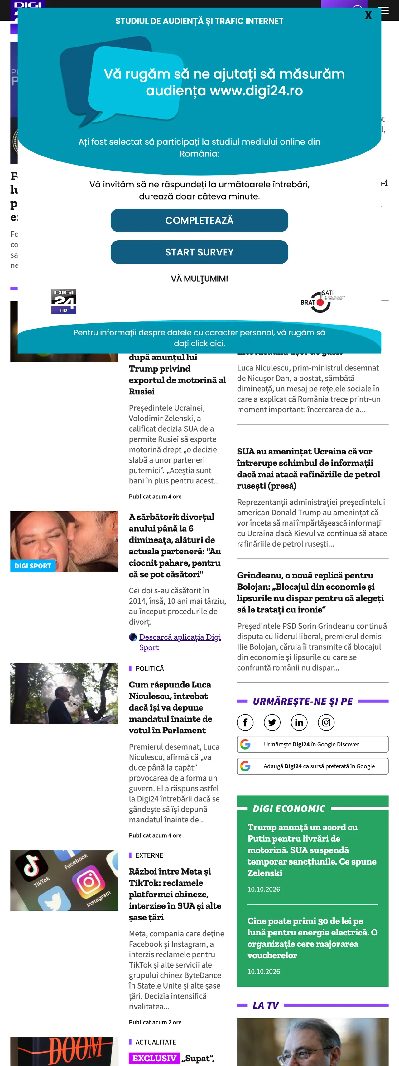 Screenshot of the Digi24 front page