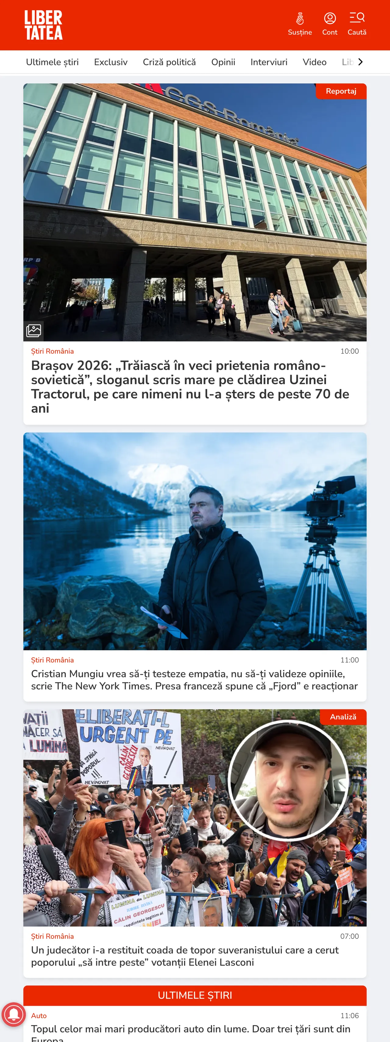 Screenshot of the Libertatea front page