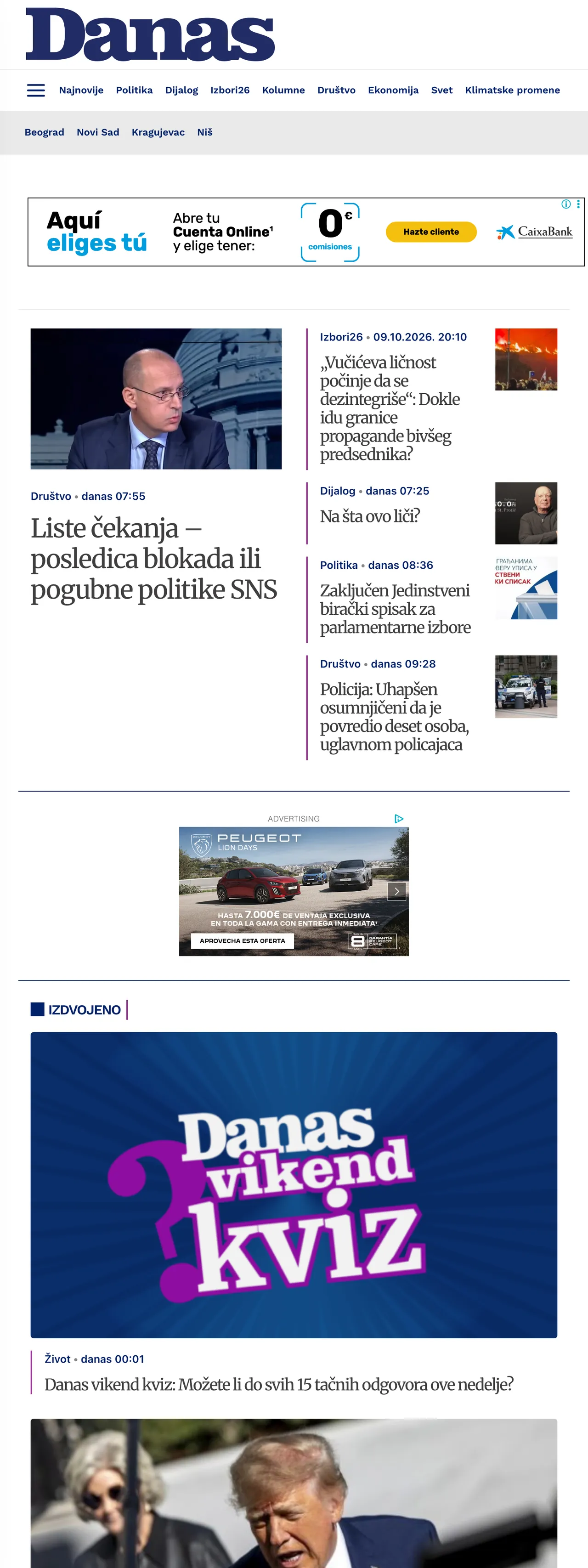 Screenshot of the Danas front page