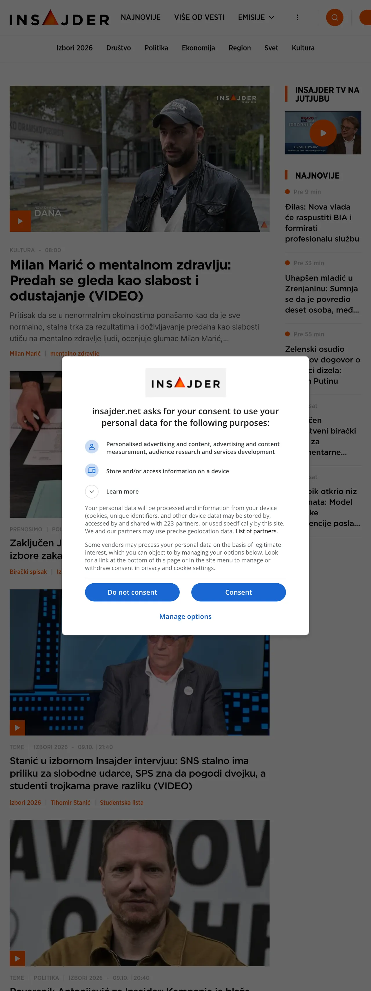 Screenshot of the Insajder front page