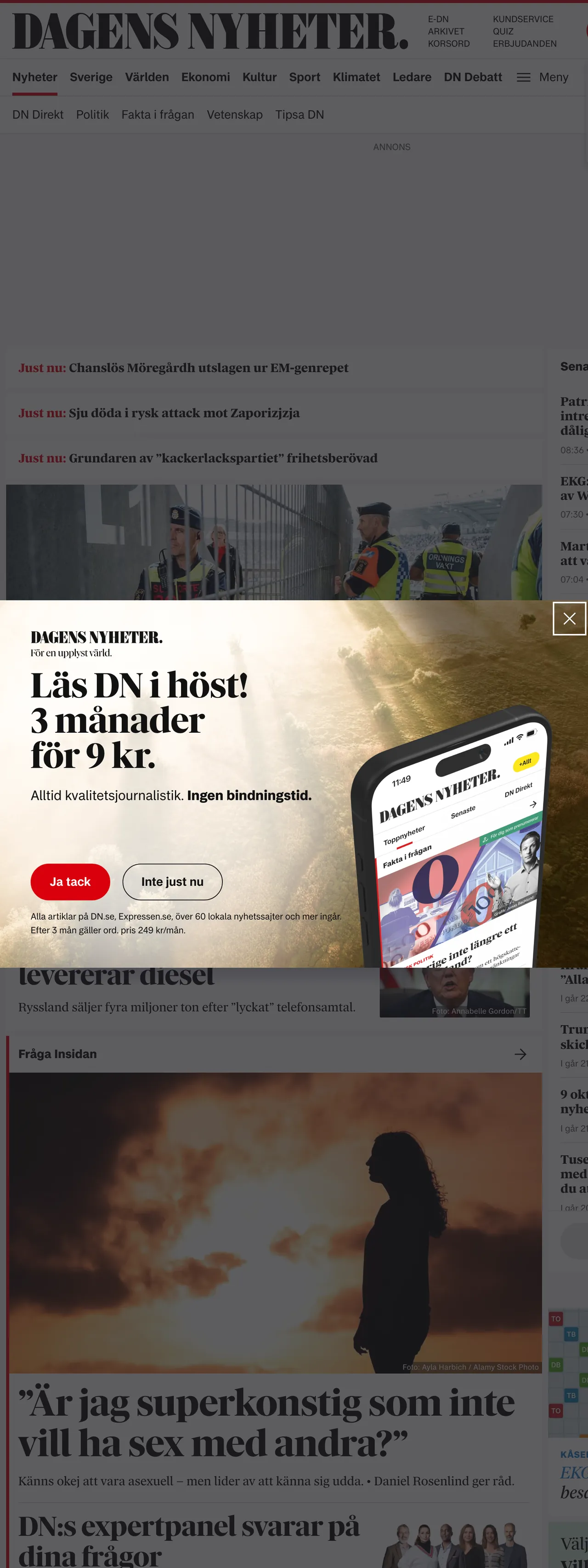 Screenshot of the Dagens Nyheter front page