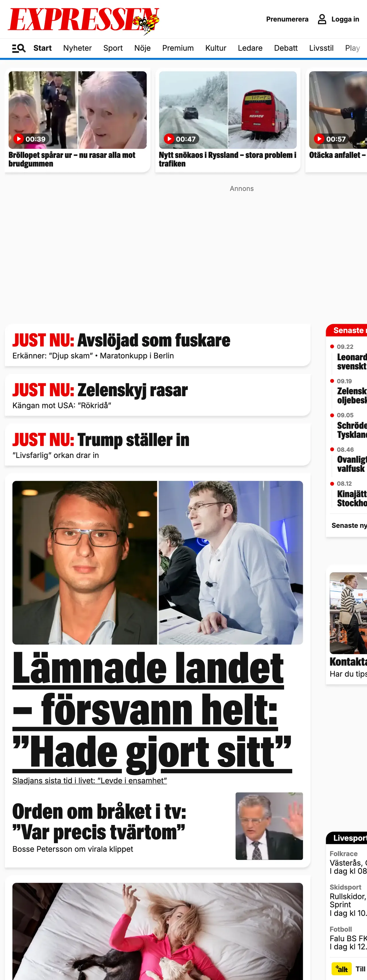 Screenshot of the Expressen front page
