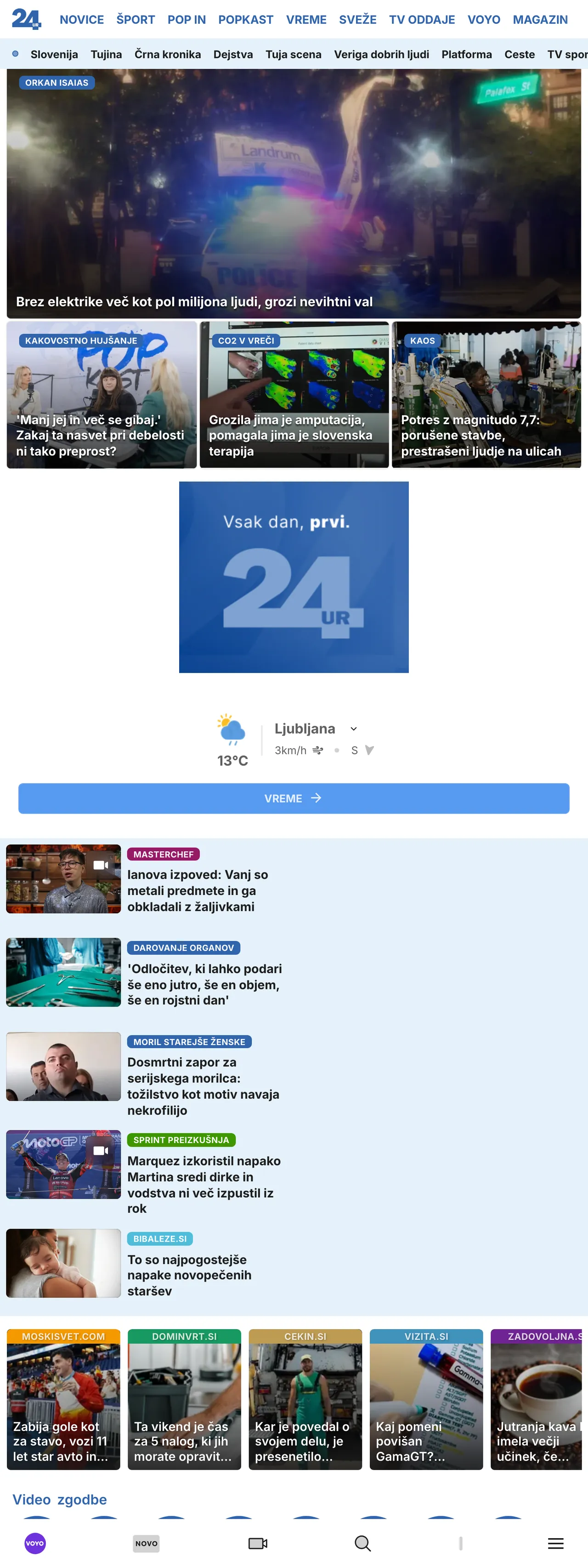 Screenshot of the 24ur front page