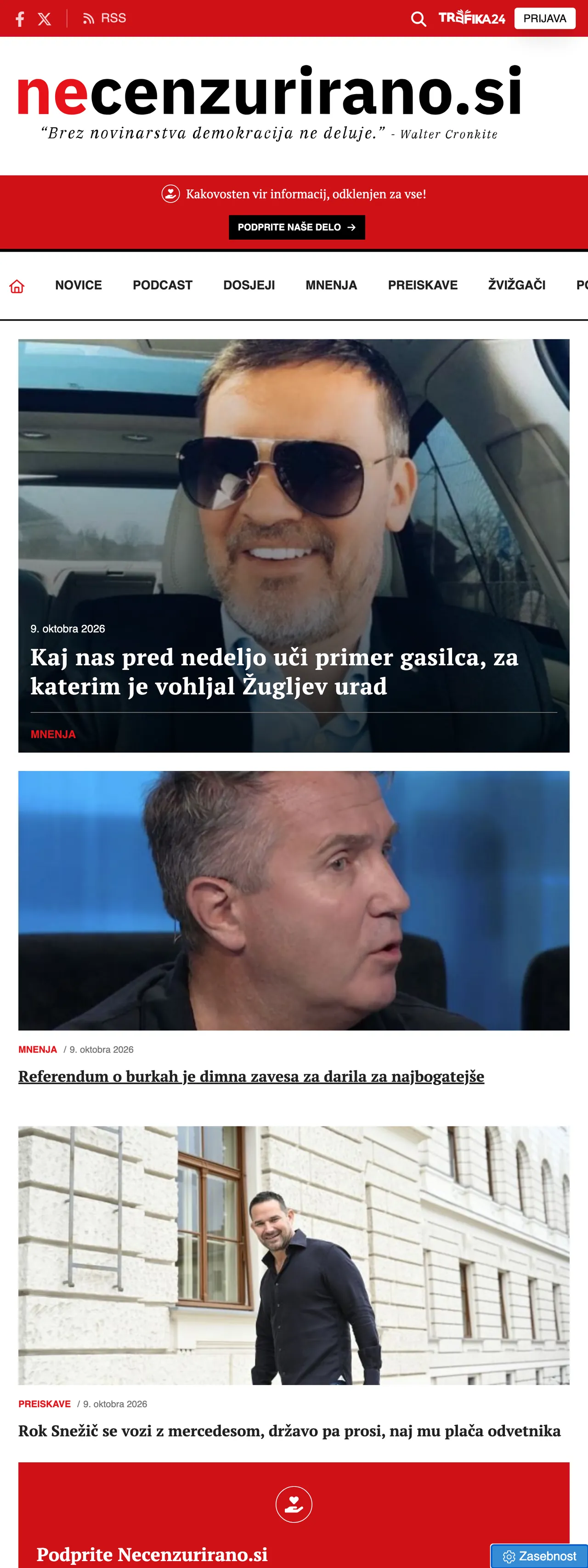 Screenshot of the Necenzurirano front page